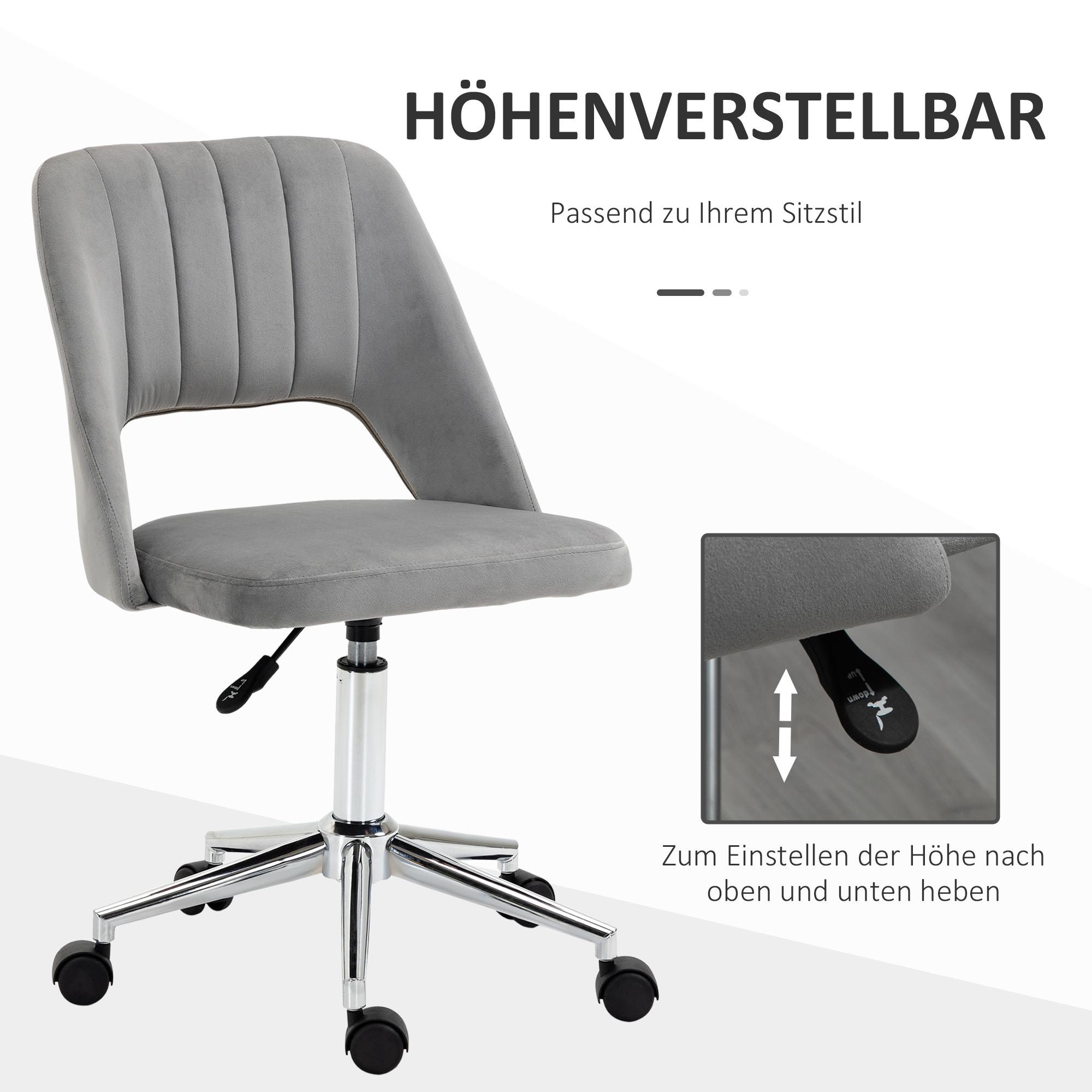 höhenverstellbarer Schreibtischstuhl mit Rollen, 360° drehbar, Jakobsmuschel-Form, Schaumstoff, 49 x 60 x 79-91 cm, Grau