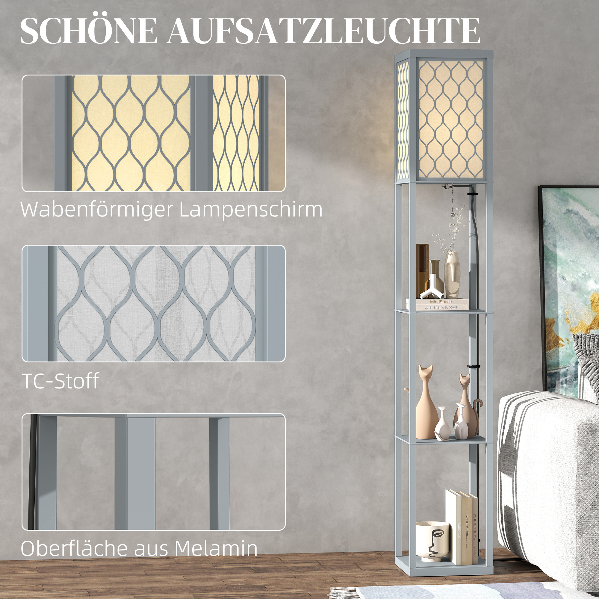 Stehlampe mit Regal, 3 Fächer, kompakte Maße, MDF, Hellgrau
