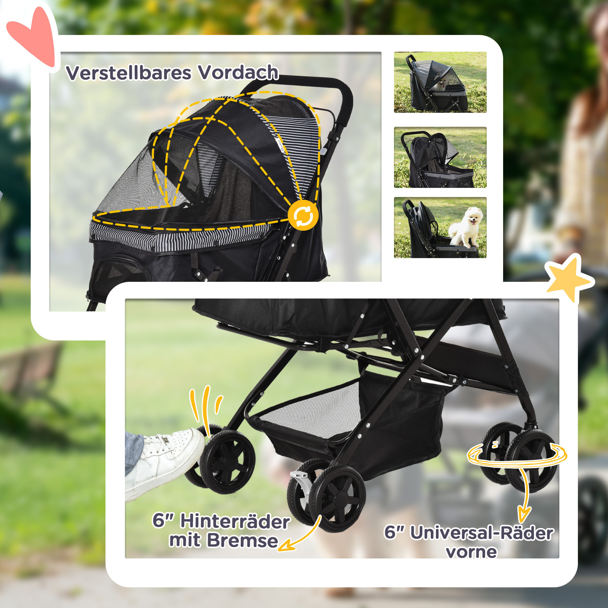 Hundewagen Hundebuggy klappbar, 1 Korb, 2 Bremsen, inkl. Sicherheitsleine, Schwarz
