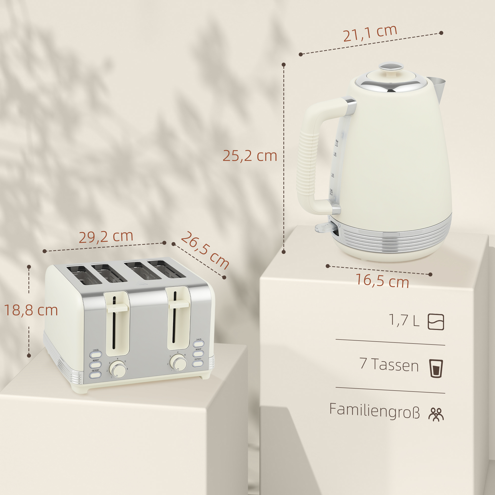Wasserkocher- und Toaster-Set, 1,7 L, 2200W, Strix Thermostat, Filter, 4-Schlitz-Toaster, 7 Bräunungsstufen, Krümelfach