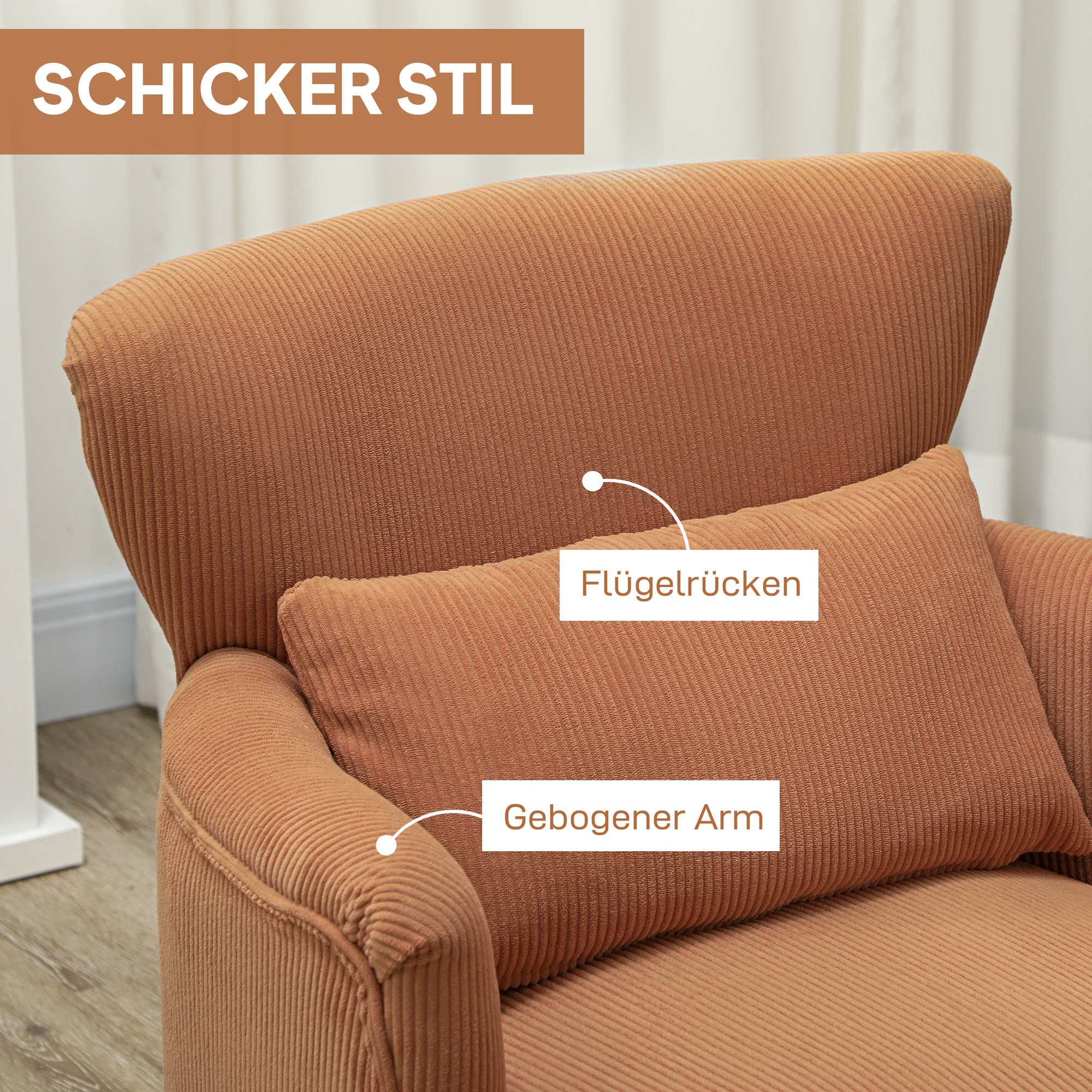 Moderner Armlehnstuhl, Gepolsterter Akzentstuhl mit Lendenkissen, Kautschukholzbeinen, Orange