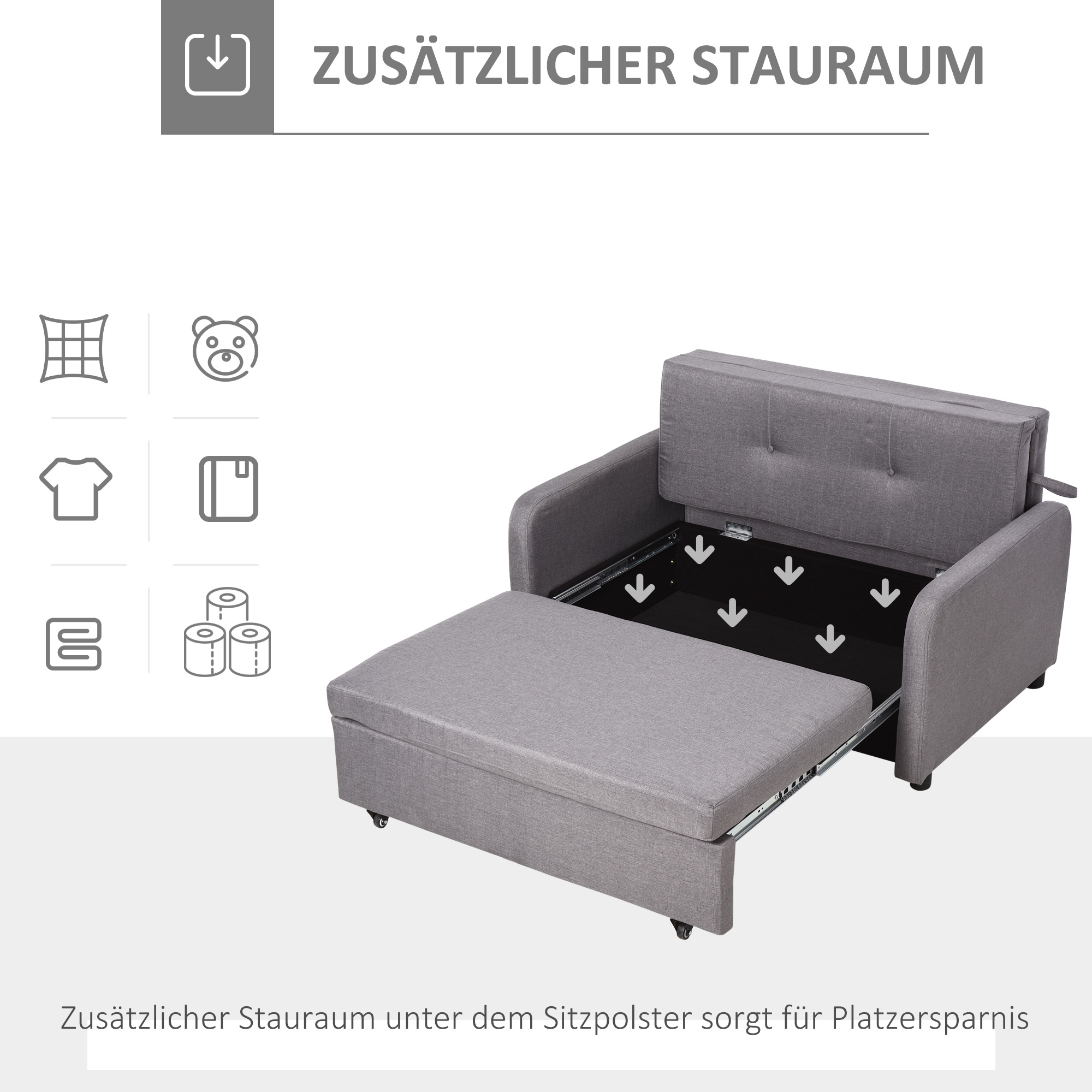 Schlafsofa für 2 Personen, mit Stauraum, leichter Umbau, flexibles Design, Grau