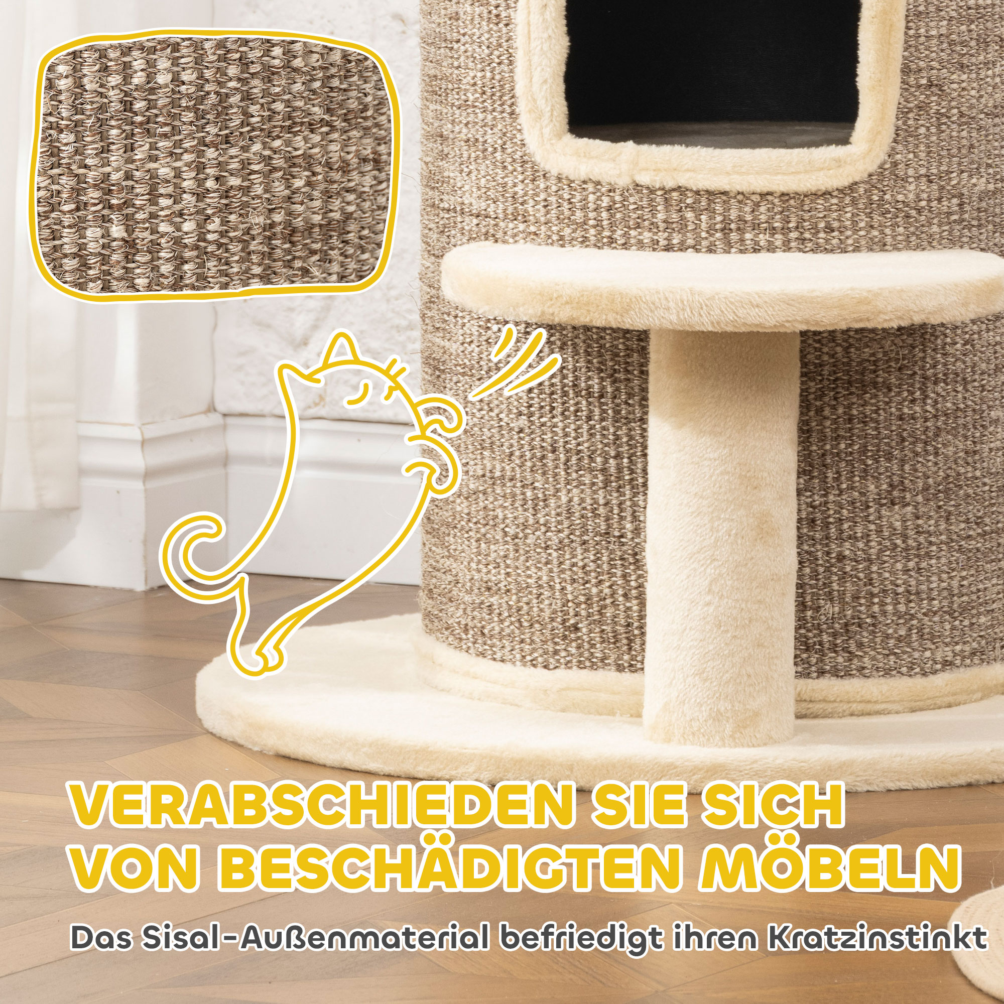 Katzenfass, Kratzbaum mit 2 Ebenen, Sprungplattform, Aussichtspunkt, Kratzmatte, zum Ausruhen und Spielen, Beige