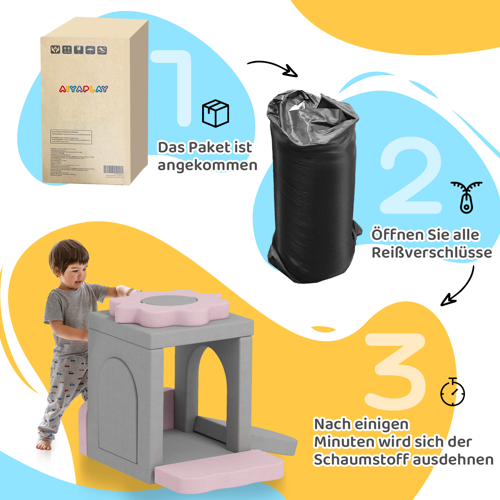 12-teiliges Set Schaumstoffblöcke zum Klettern, Bauen, Krabbeln, Indoor-Spielmatten mit Cordbezug, Grau+Rosa