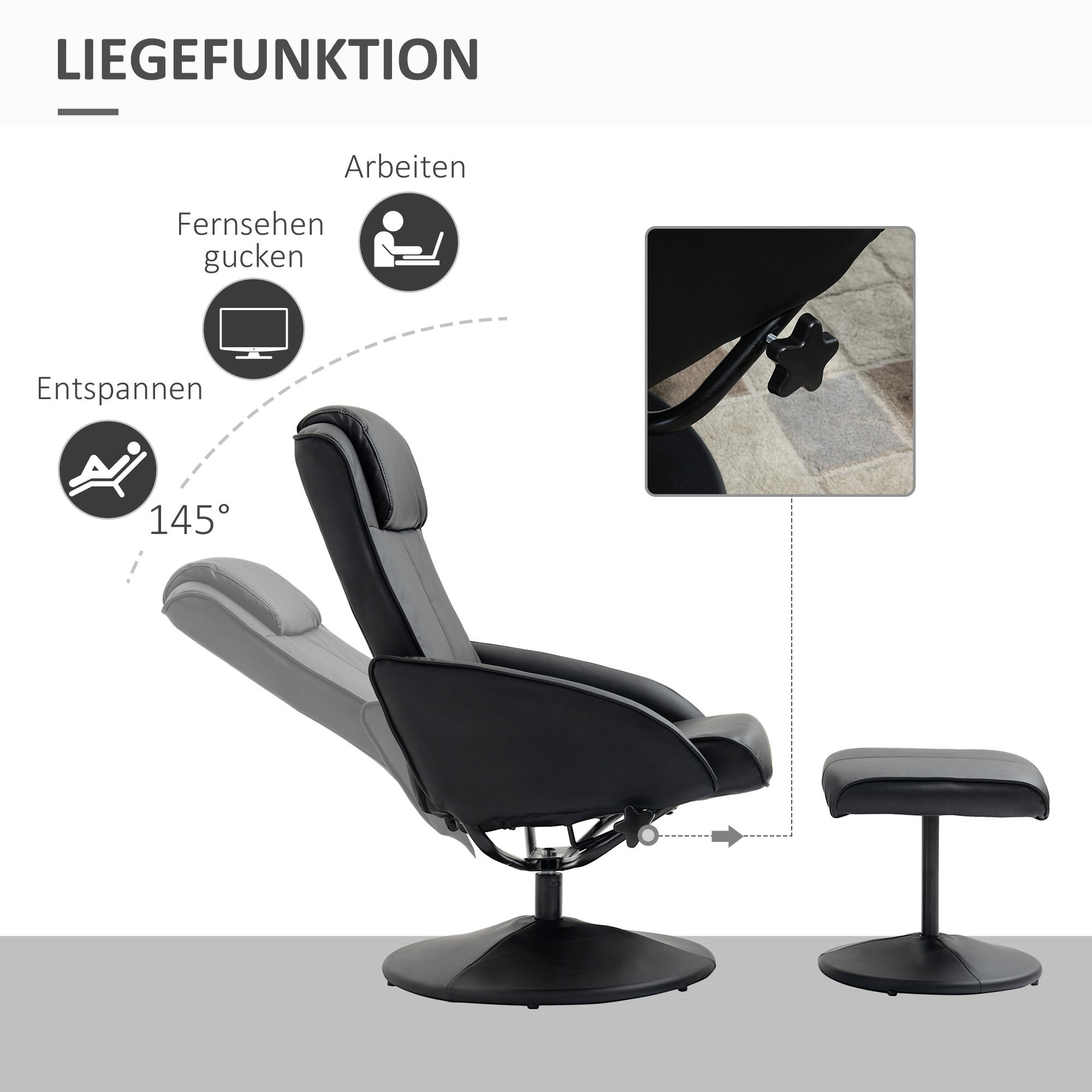 Relaxsessel mit Fußhocker, Kunstleder-Bezug, neigbar, ergonomisches Design, Schwarz