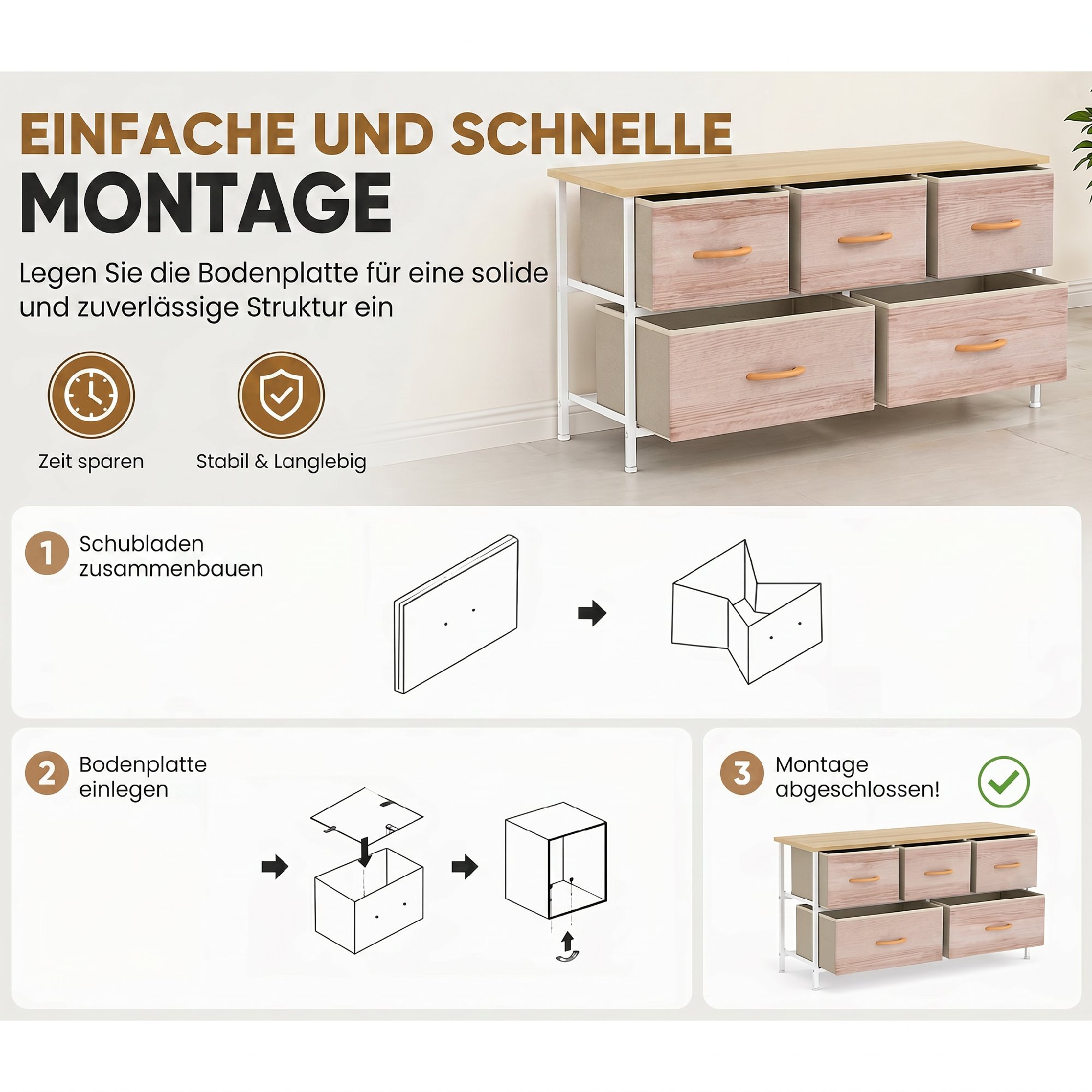 Kommode mit 5 Schubladen, Stoffkommode mit Metallrahmen und Holzoberfläche, Naturholz und Weiß