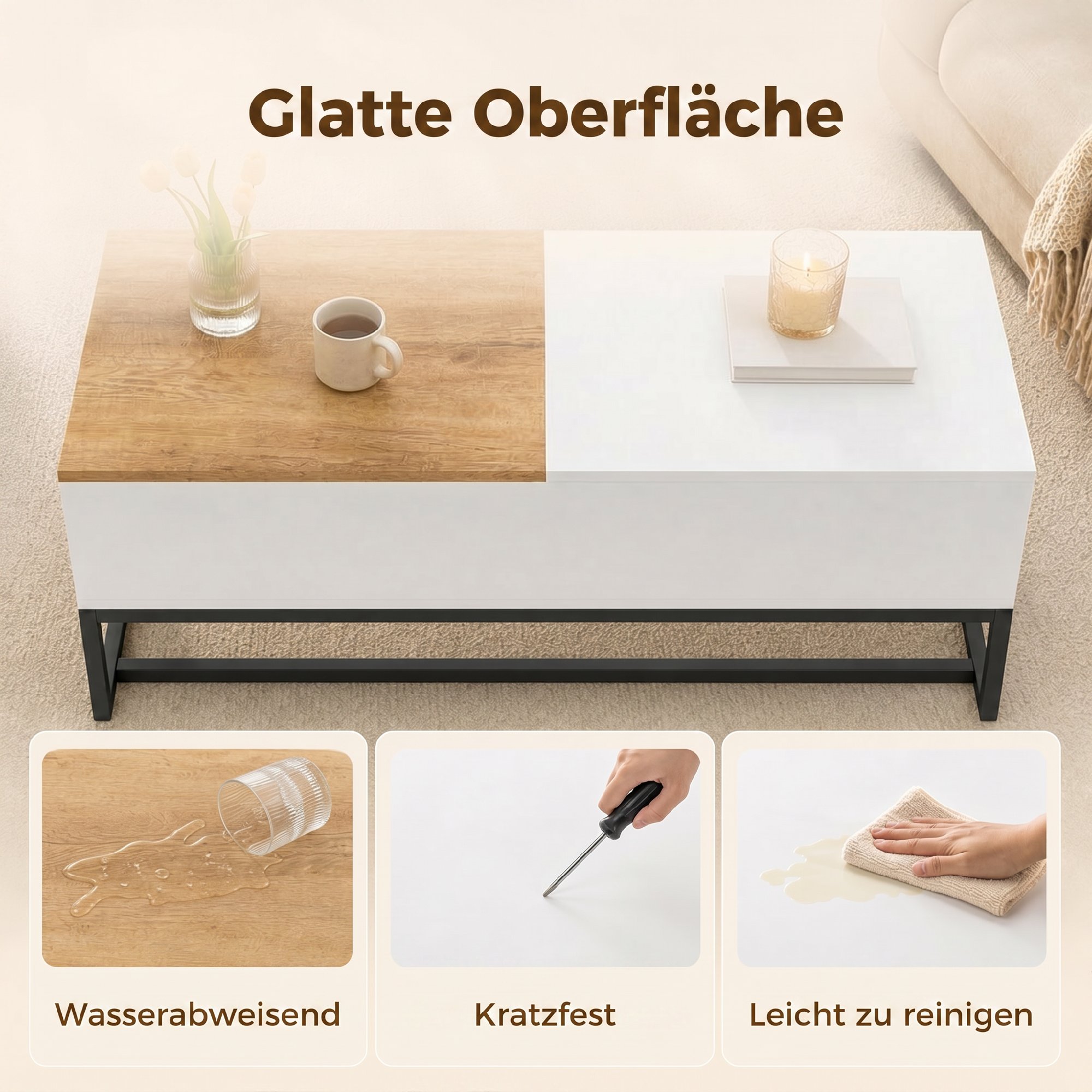 ausziehbarer Couchtisch, moderner Wohnzimmertisch mit verschiebbarer Platte, verstecktem Stauraum und Stahlbeinen, Weiß