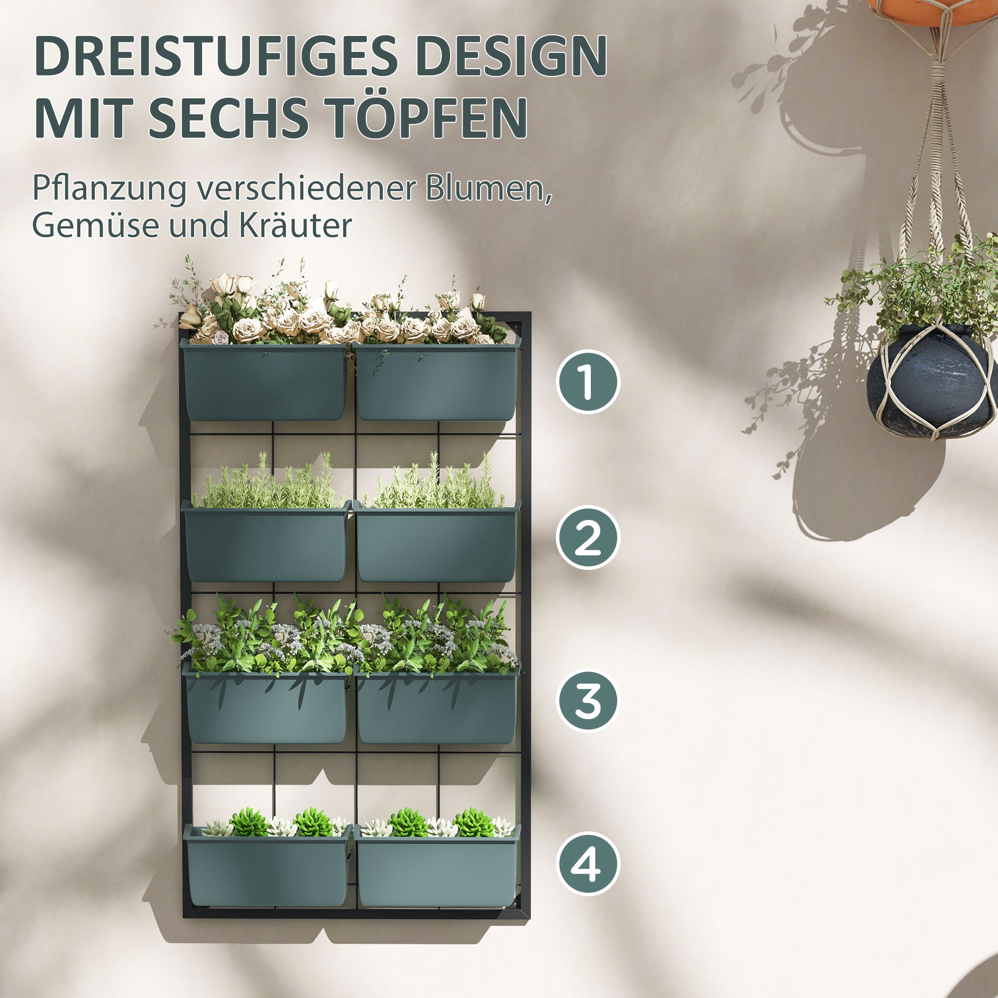 Pflanzentreppe Blumentreppe  8 Pflanzkästen, stapelbar, wetterbeständig, 52,5 x 14 x 90 cm, Grau + Schwarz