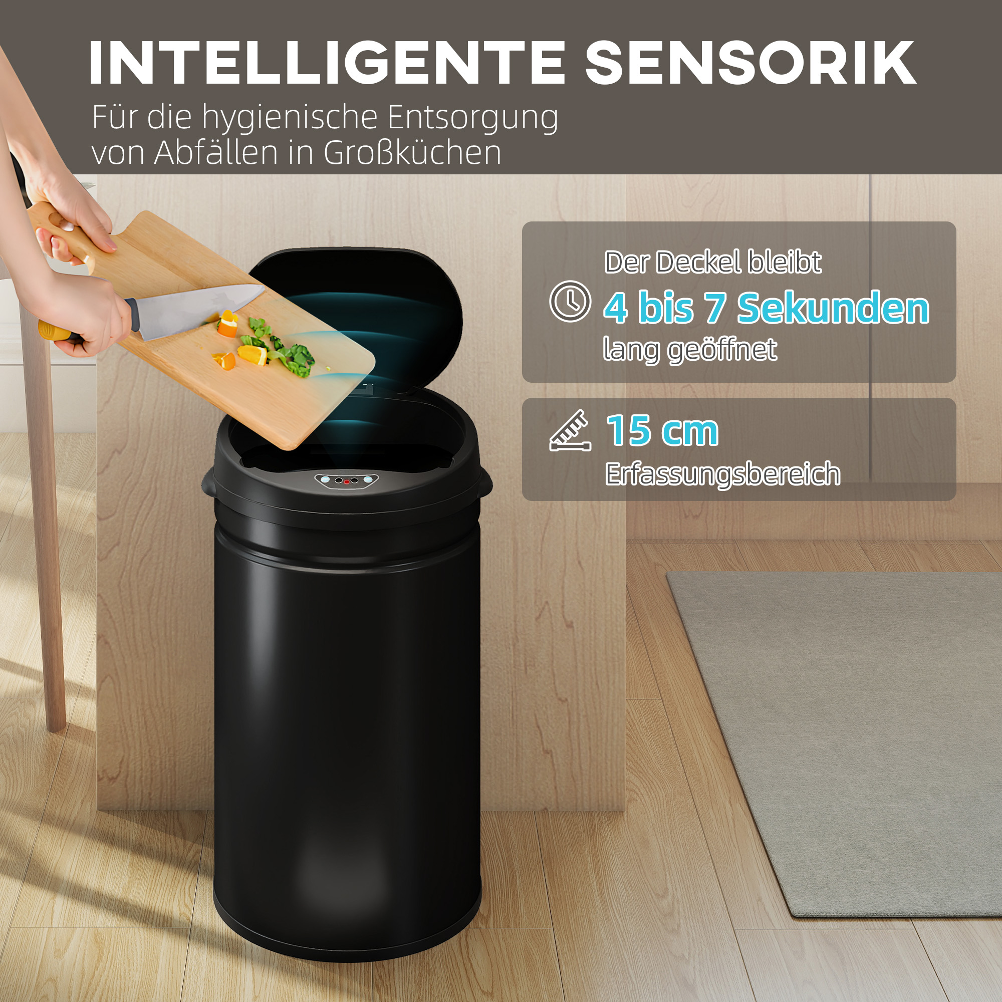 30 Liter Sensor-Mülleimer mit Soft-Close-Funktion, berührungsfreier Abfalleimer aus Edelstahl für hygienische Küchen