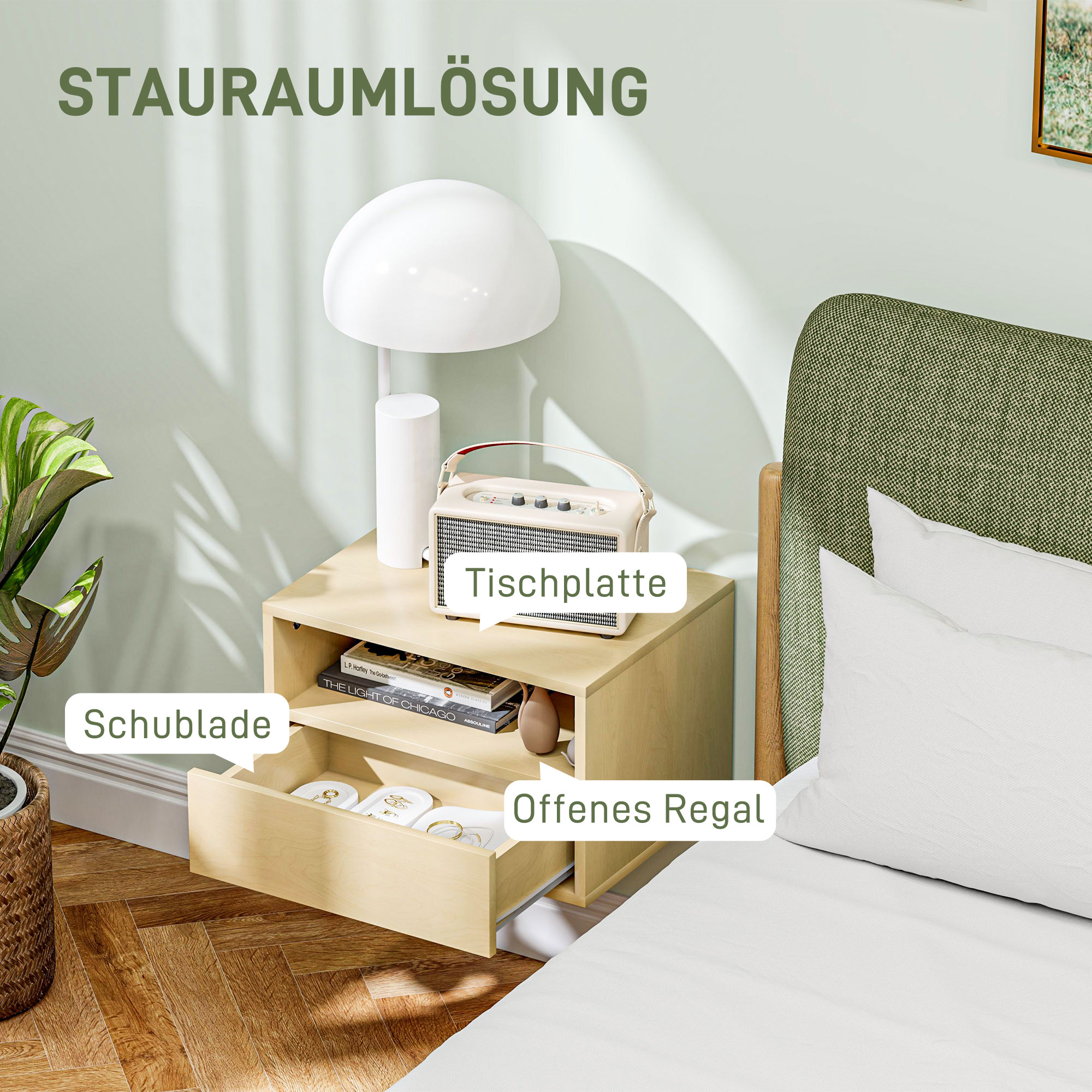 2-teiliges Wandnachttisch-Set, Nachttisch, Nachtkommode, Spanplatte, Natur, 45 x 35 x 27,5 cm