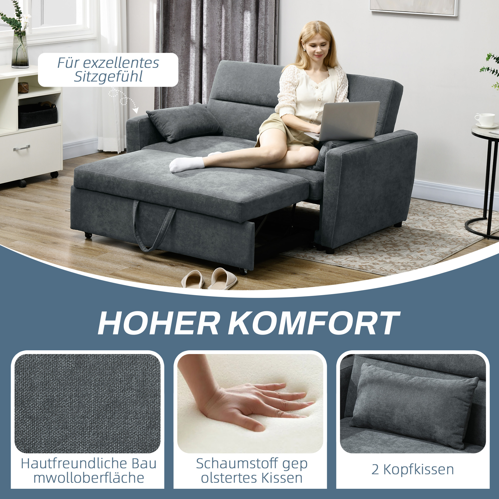 Schlafsofa, 2-Sitzer, ausklappbar, bis 200 kg, Holzrahmen, 155x90x88,5cm, Dunkelgrau