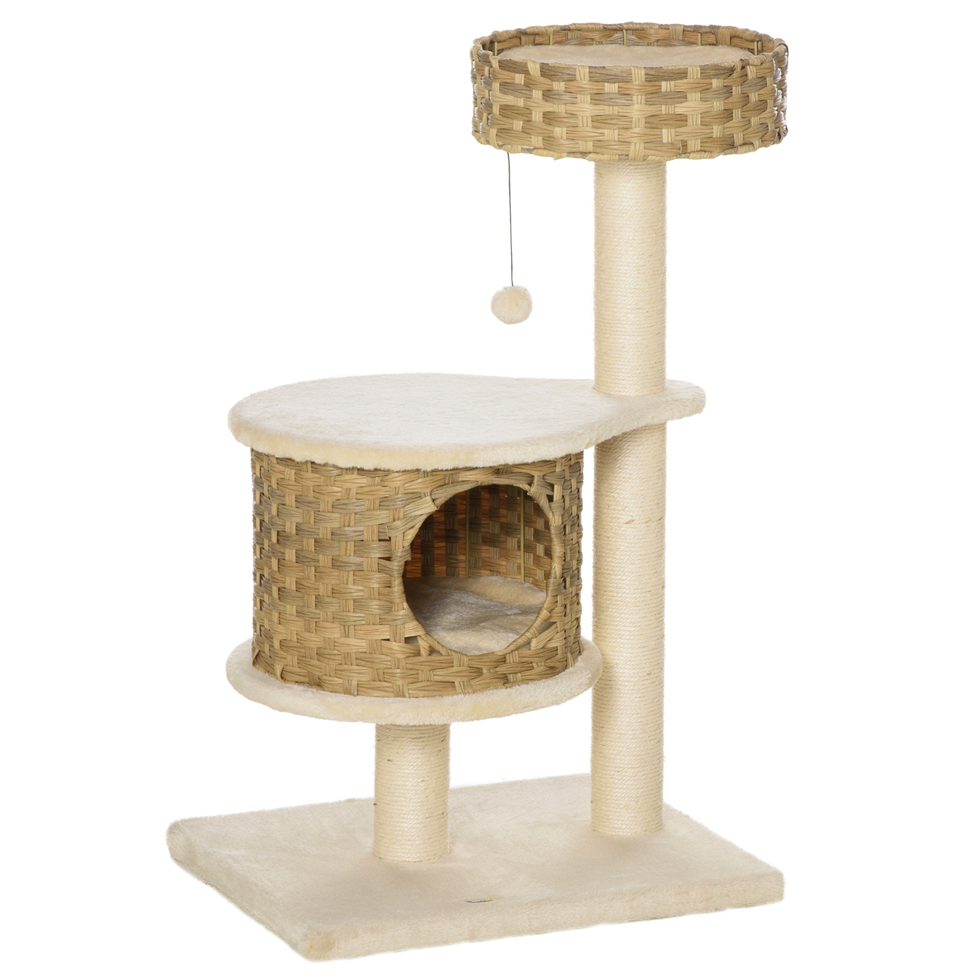 Kratzbaum Rattan 95 cm Höhe 3-Stufiger Katzenbaum mit Platform, Katzenbett, Kletterbaum mit Katzenhöhle Sisalstämmen Spielbälle Katzenmöbel Sisal Natur+Beige