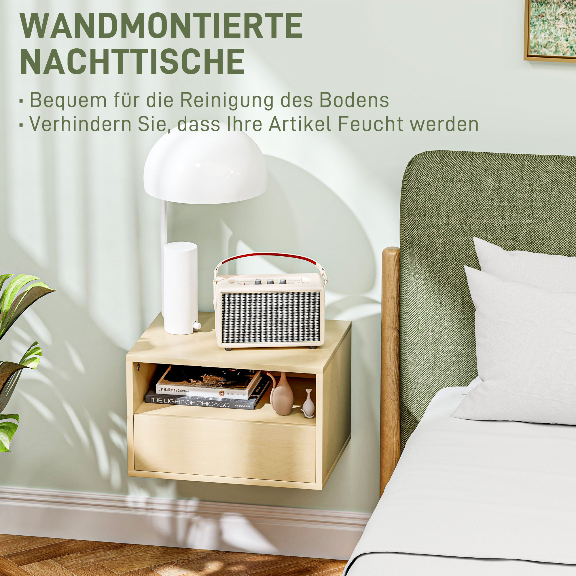 2-teiliges Wandnachttisch-Set, Nachttisch, Nachtkommode, Spanplatte, Natur, 45 x 35 x 27,5 cm