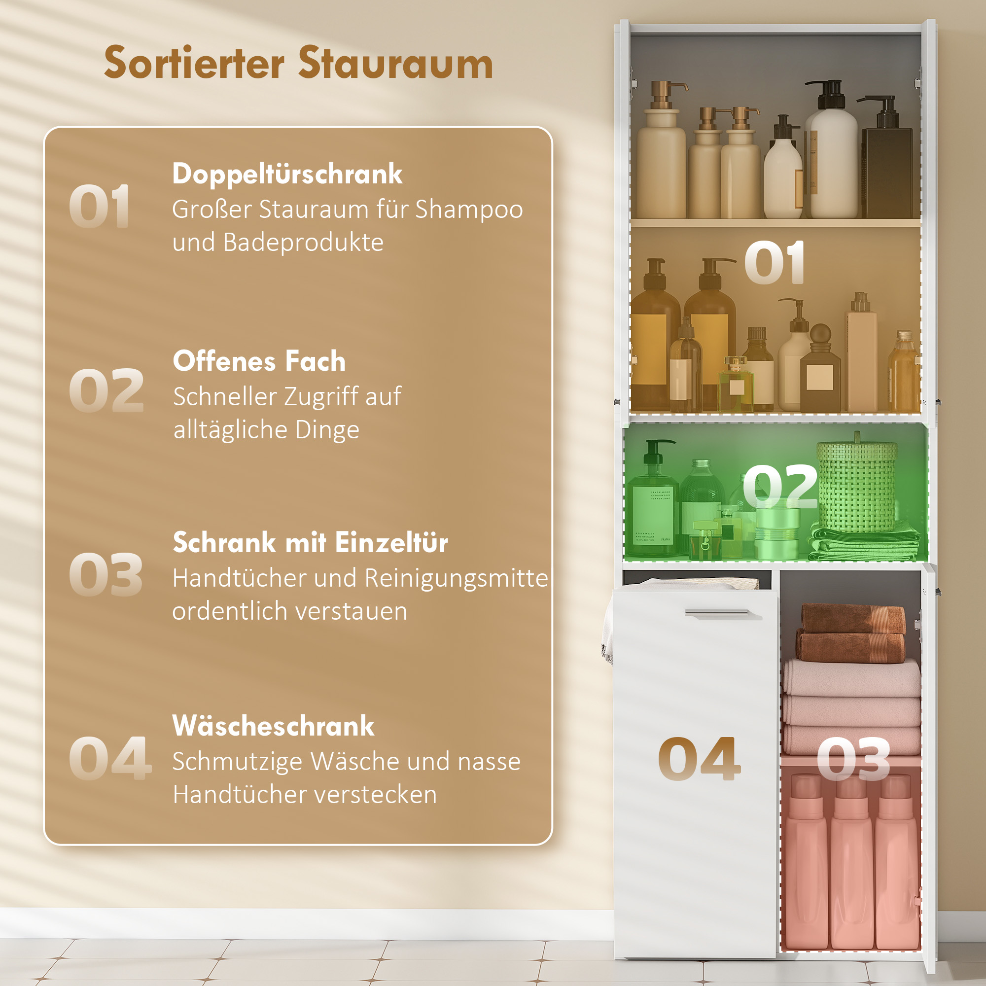 174 cm hoher Badezimmerschrank mit ausklappbarem Wäschekorb und Soft-Close-Türen, Weiß