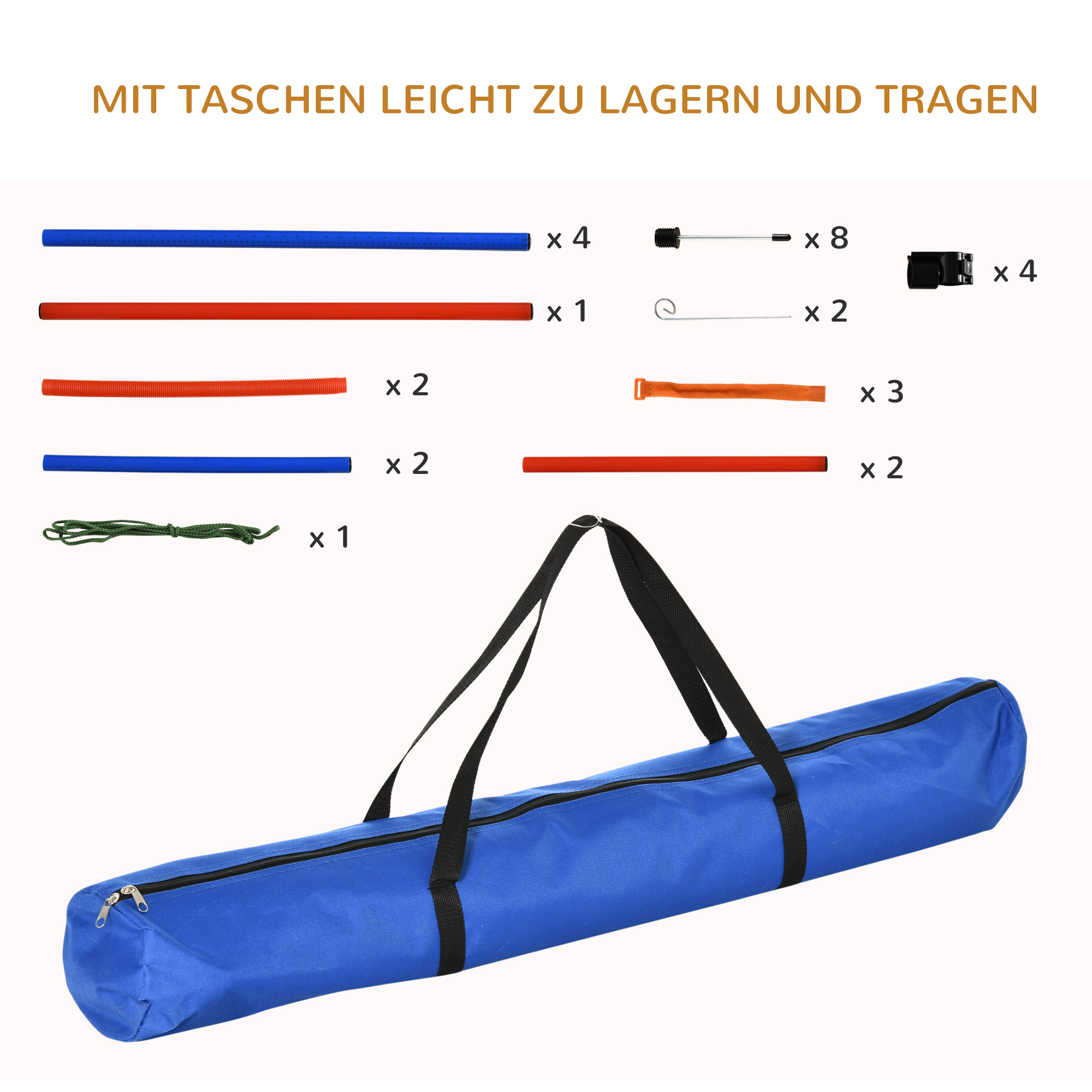 Agility Set Hunde, 3-teiliges Agility Ausrüstung mit Hürden, Slalomstangen, Springring, Aufbewahrungstasche, Steckhürdenset für Hundetraining, Trainingsset für Hunde Blau+Rot