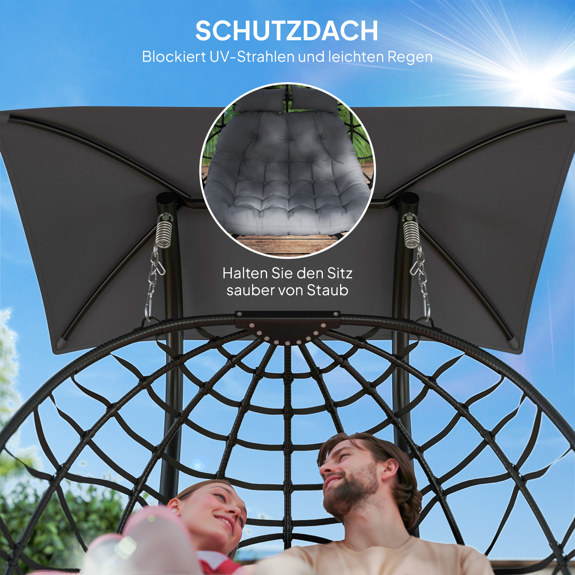 Hängestuhl, faltbarer Korbstuhl mit Kissen, Stahlrahmen, Sonnendach, bis zu 260 kg belastbar, Dunkelgrau