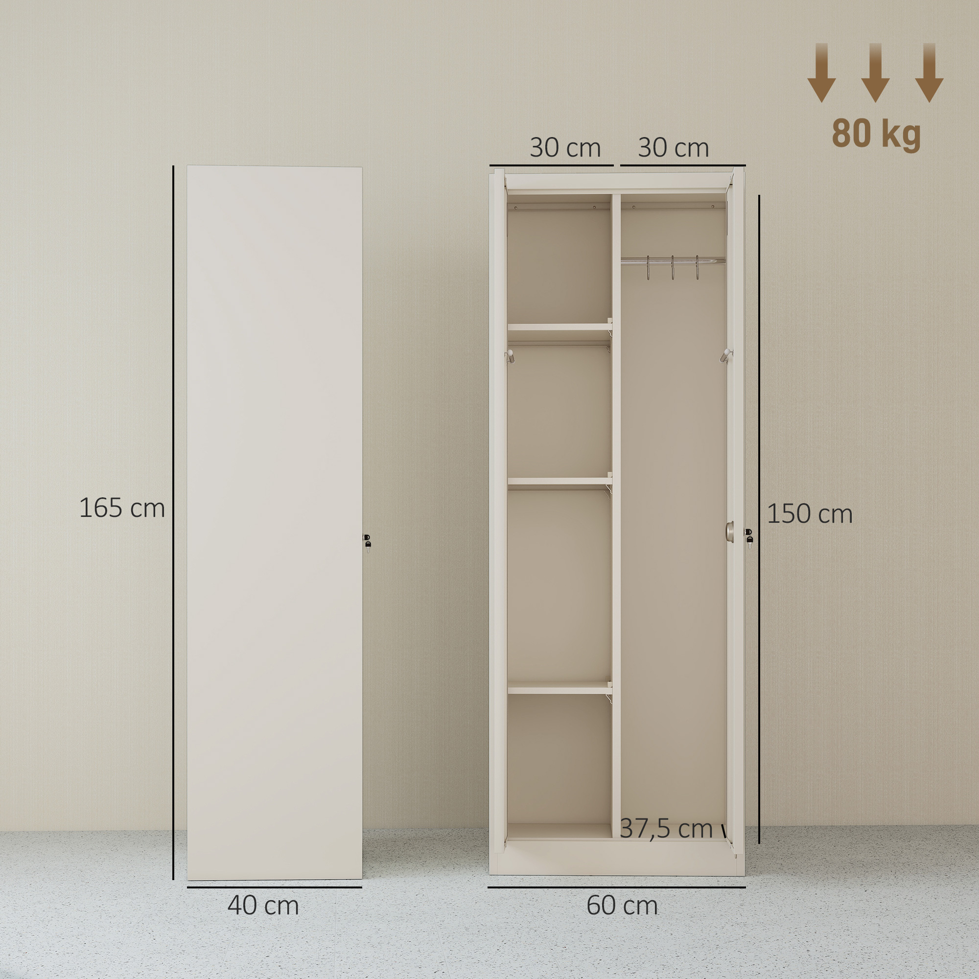Besenschrank Mehrzweckschrank aus Stahl Vorratsschrank mit Staubsaugerfach & Verstellbaren Einlegeböden 60 x 40 x 165 cm