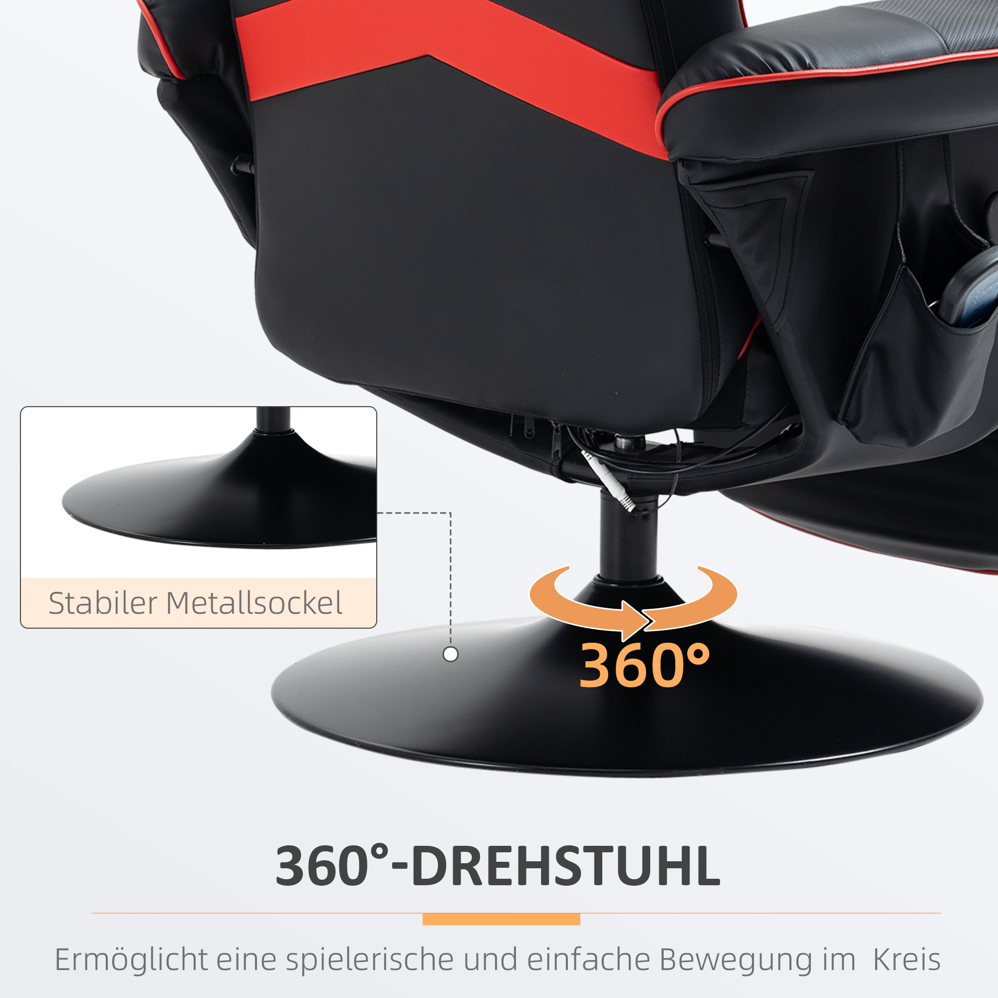Gamingsessel, Massagefunktion, neigbare Lehne, Fußstütze, bis 120 kg, Stahlrahmen, Kunstleder, Rot