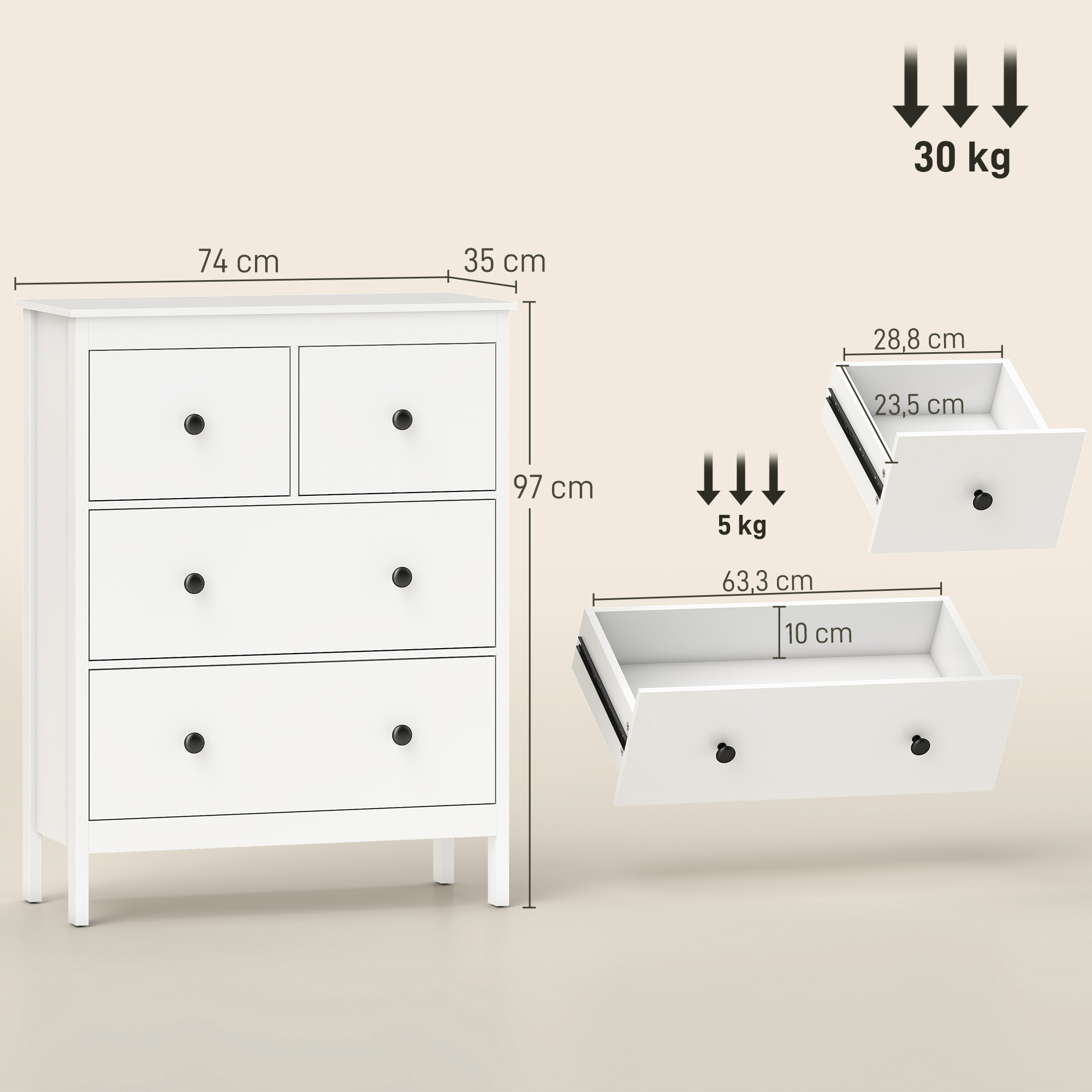 Kommode mit 4 Schubladen, für Kleidung & Bettwäsche, Wohnzimmer, Schlafzimmer, Flur, Spanplatte, Weiß