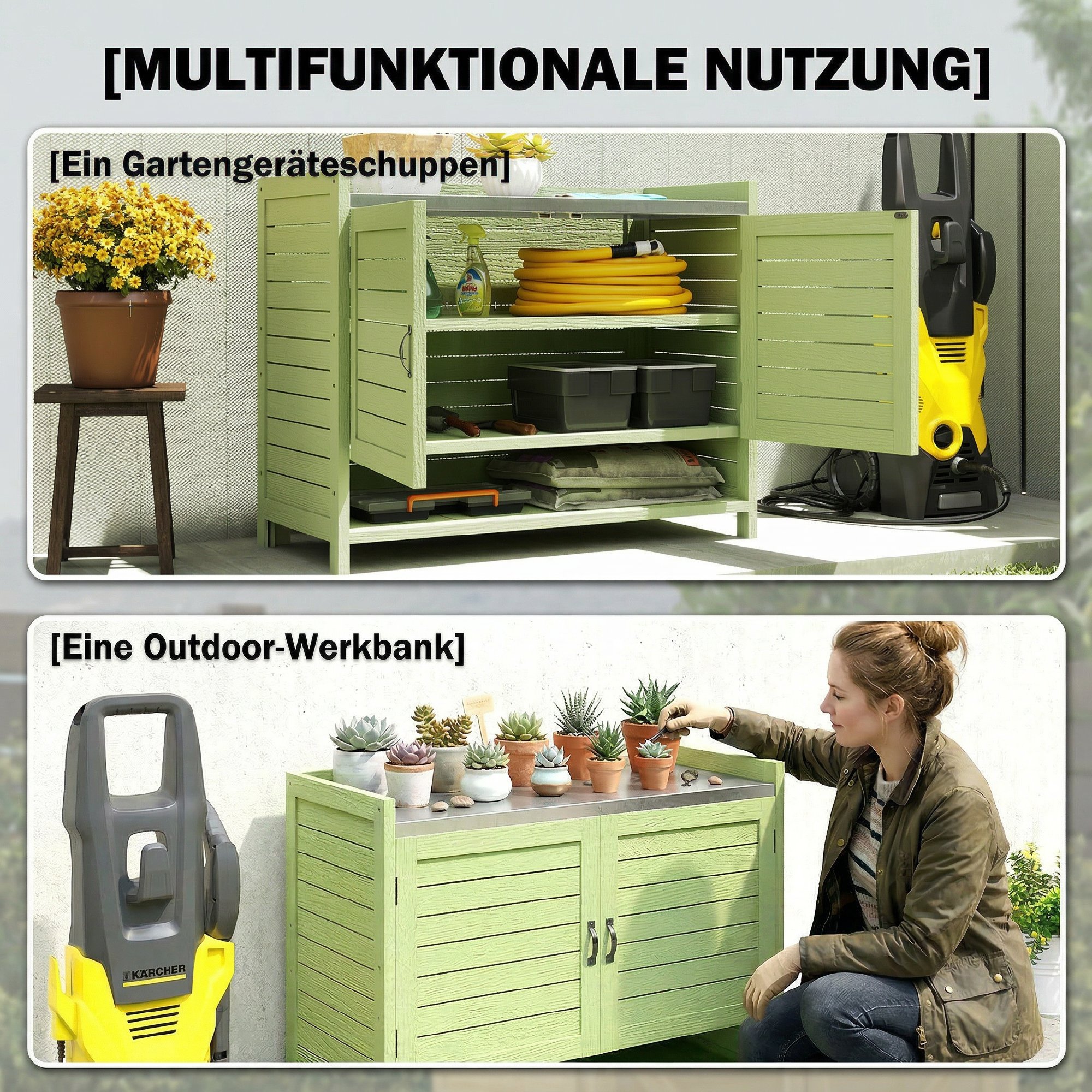 Pflanztisch mit Unterschrank aus Holz Outdoor Gartenschrank mit verzinkter Arbeitsplatte 3 Regalböden 88x40x70,5cm Grün