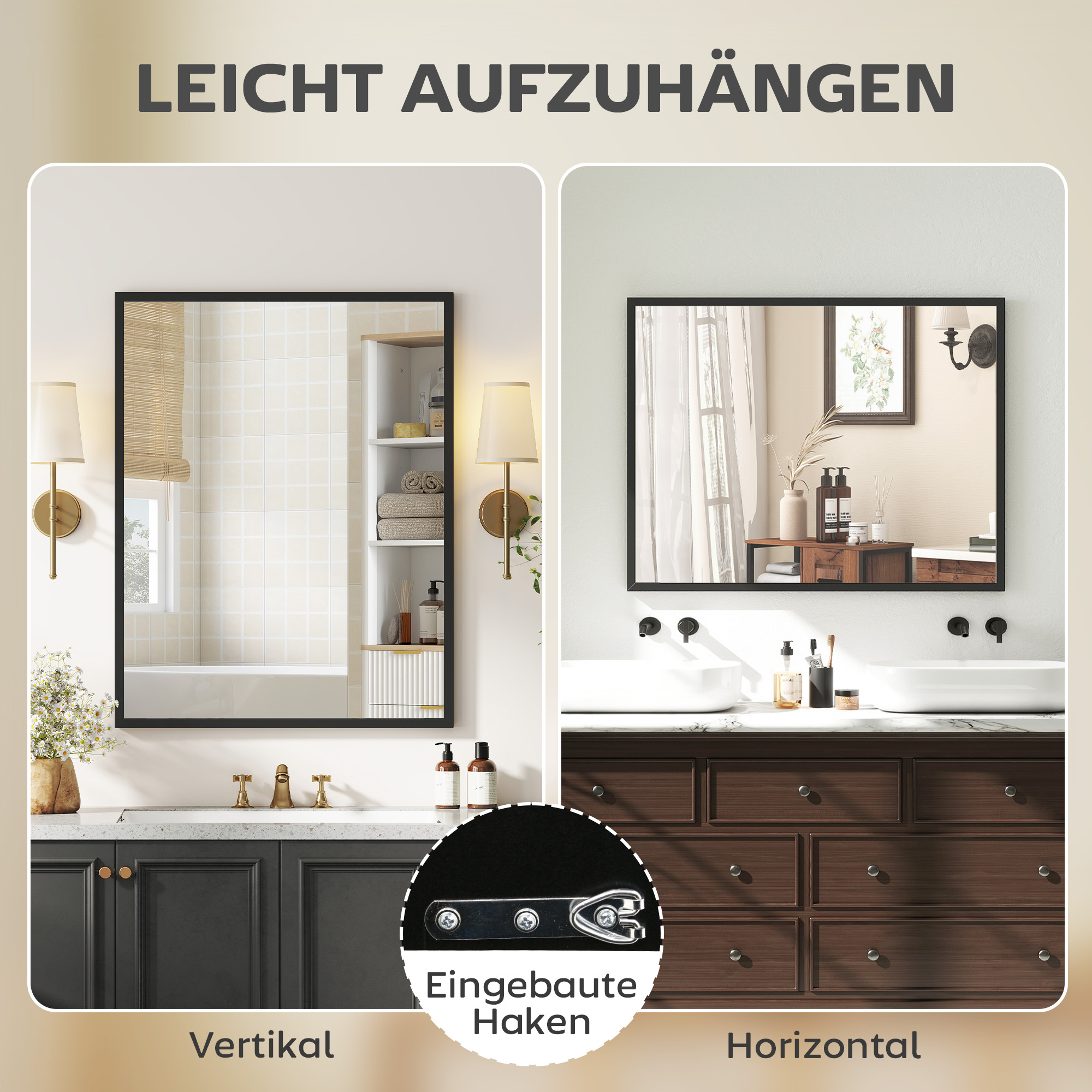 Wandspiegel, 70 x 90 cm, Dekorativer Hängespiegel, einfache Montage, inkl. Schrauben