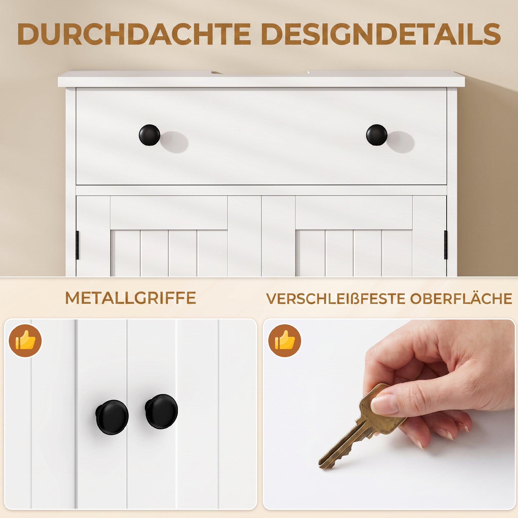 Waschbeckenunterschrank, modern und freistehend, mit Soft-Close-Scharnieren, Schublade und 2 Türen, Weiß