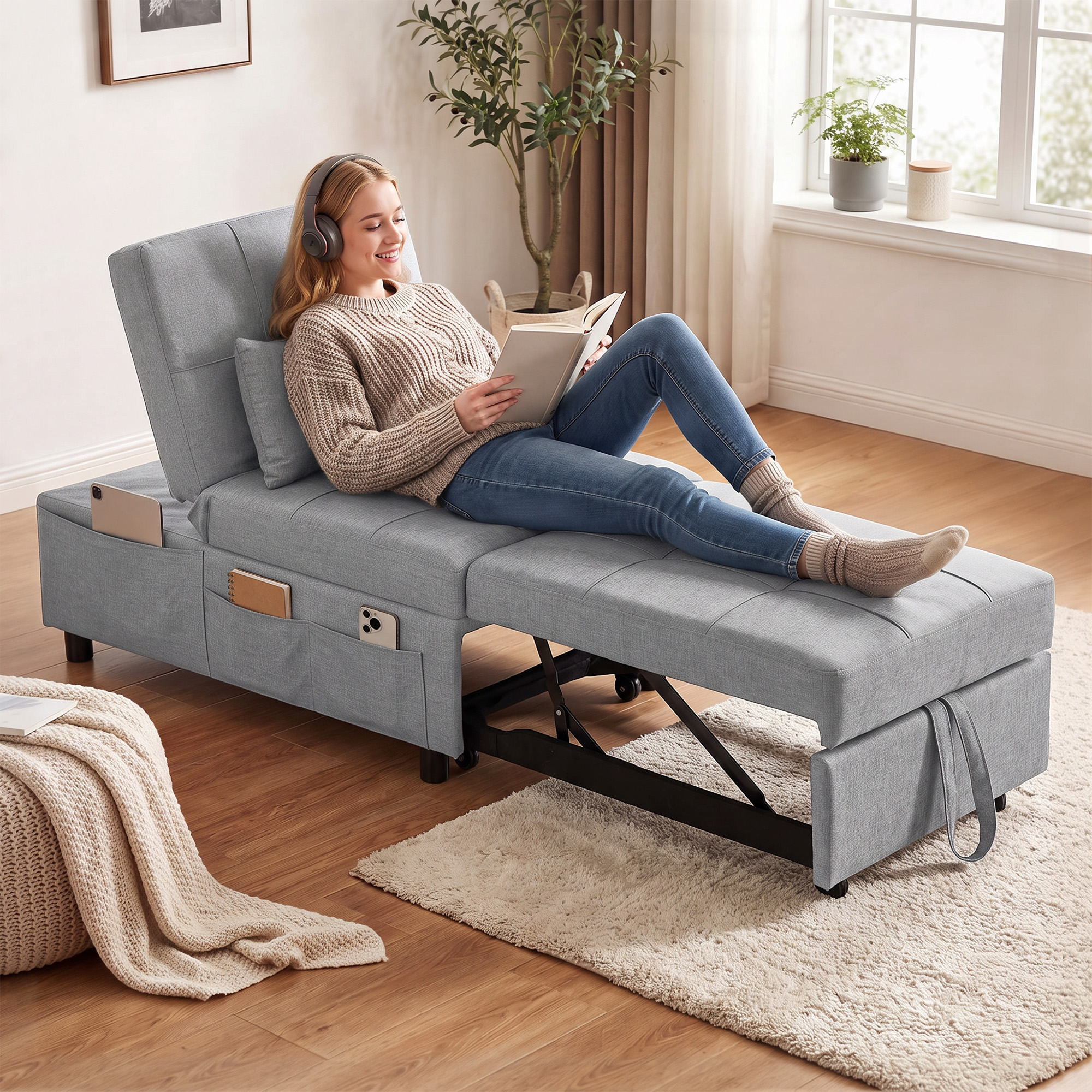 3-in-1 Klappsessel mit Seitentasche, Gästebett mit Kissen, Verstellbarer Rückenlehne, Bettsessel mit Rollen, Hellgrau