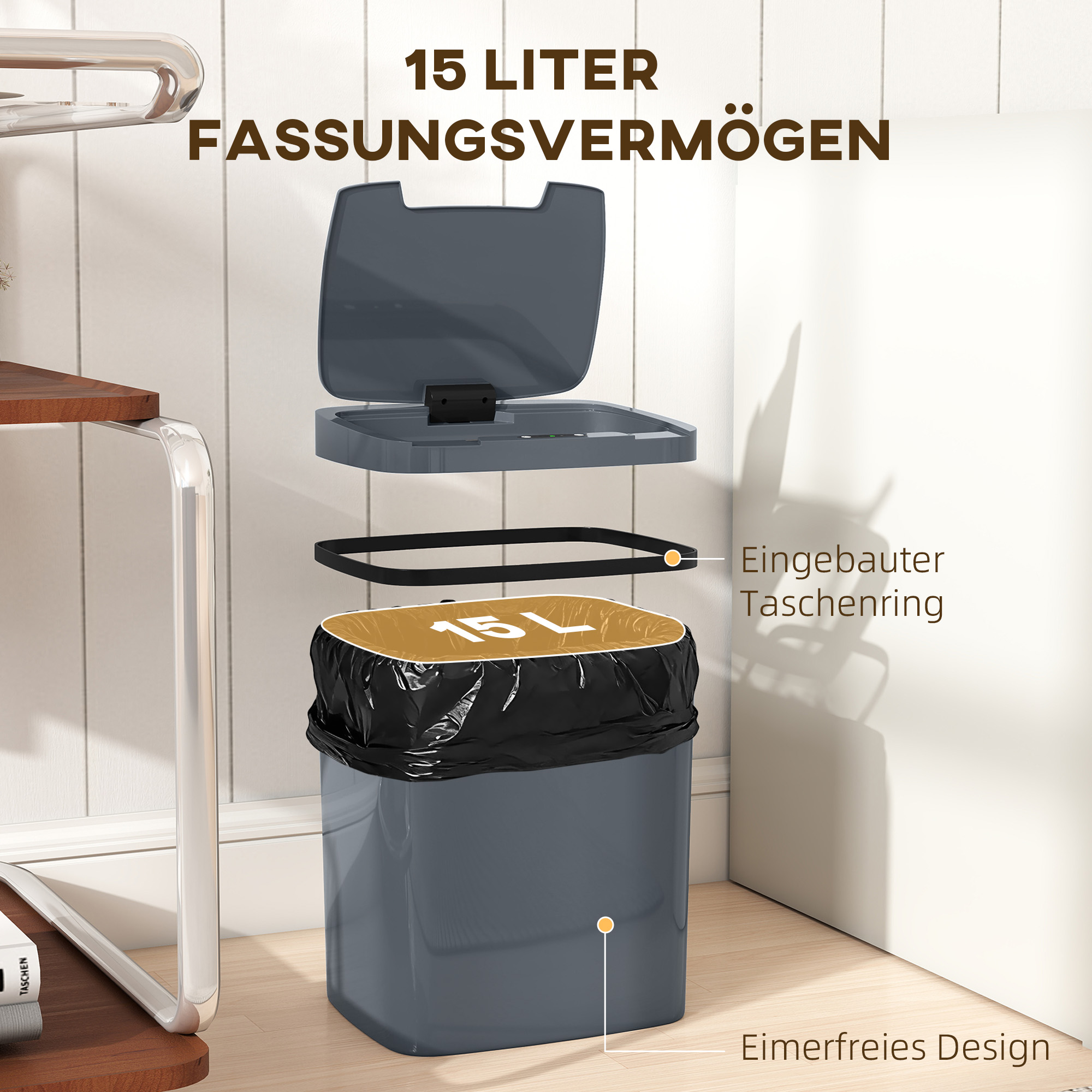 Sensor Mülleimer 15l Automatischer Mülleimer mit zwei Öffnungsmodi, für Büro, Küchen, 27,6 x 21,4 x 33,5 cm, Grau