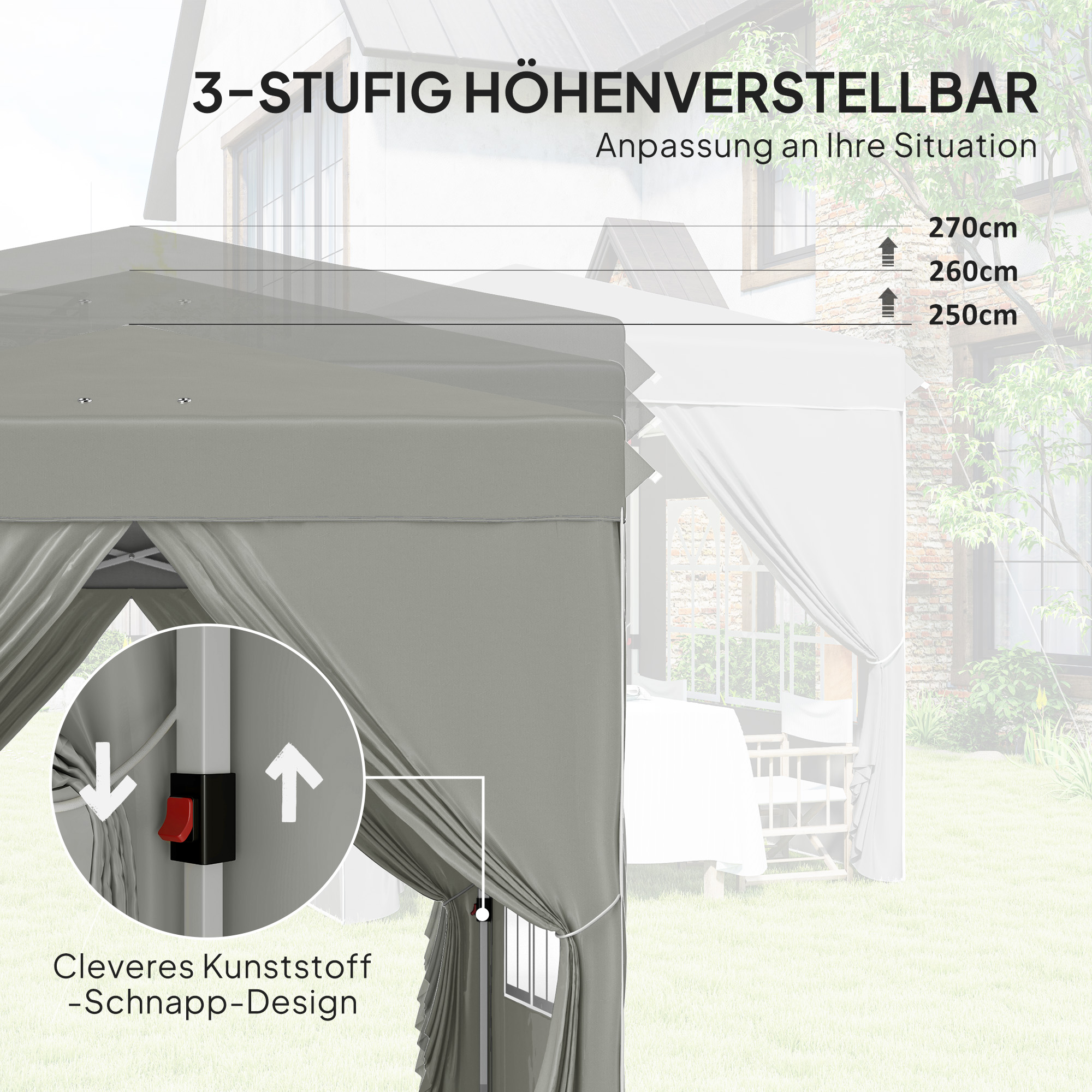 2,5 x 2,5 m Pop-up-Pavillon mit Seitenwänden und Tragetasche, UPF50+ höhenverstellbares Gartenzelt, Hellgrau