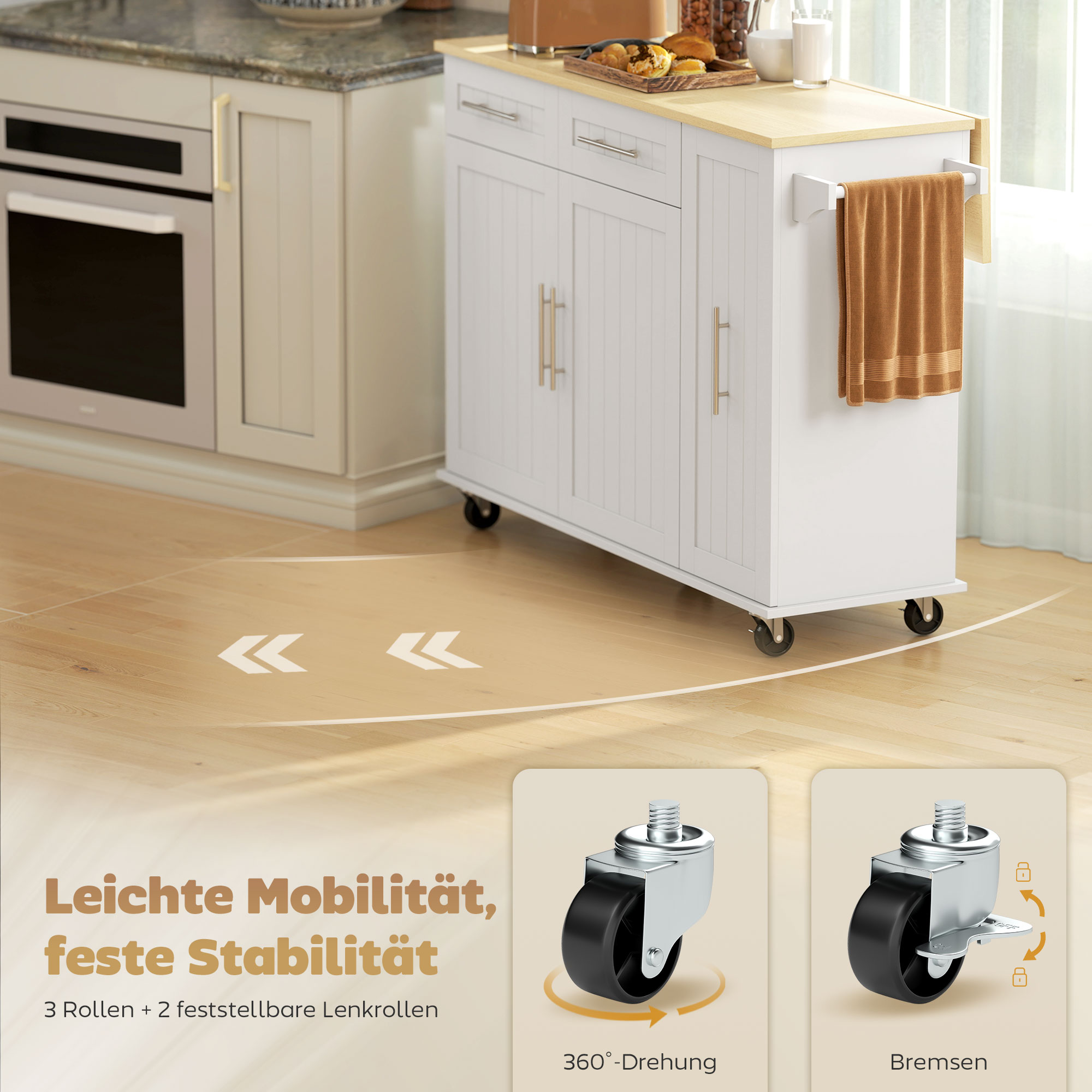 Fahrbare Kücheninsel, erweiterbare Oberfläche, Schranktüren, Schubladen, Handtuchhalter, Küchenwagen aus MDF, Weiß