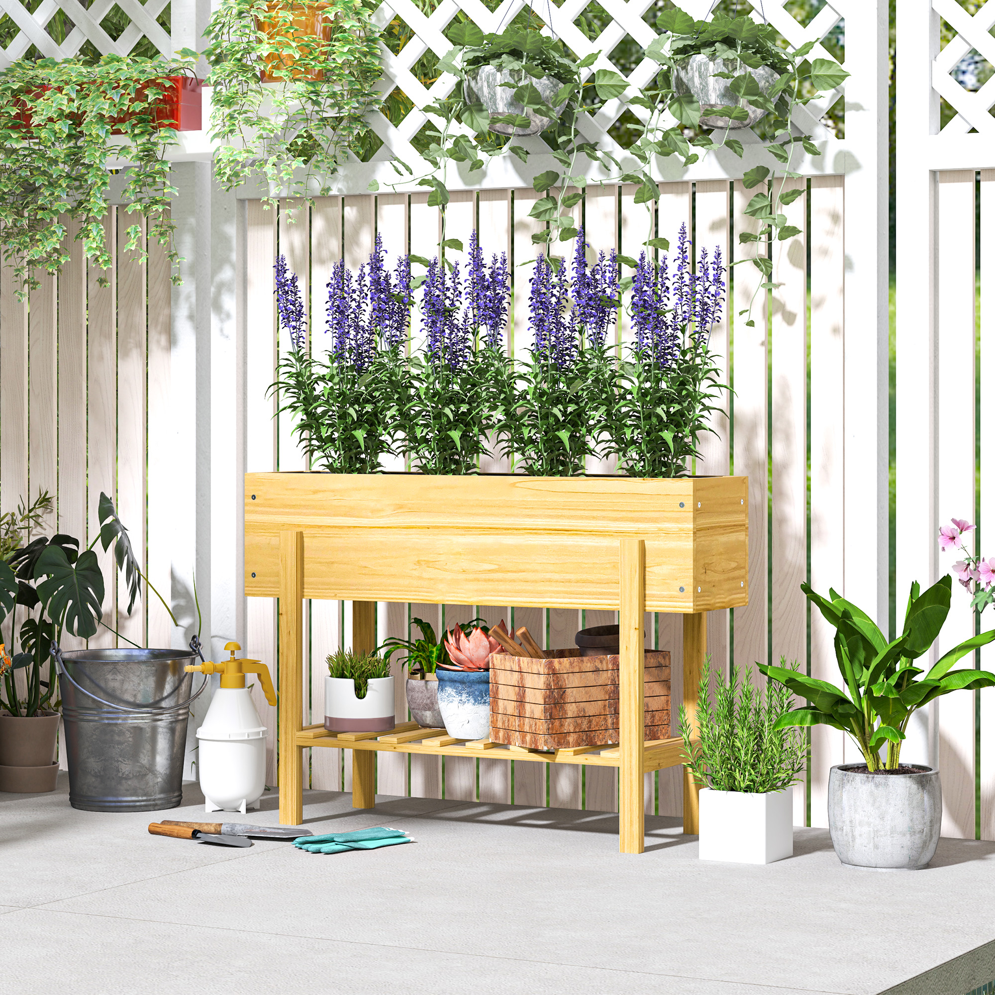 Blumenkasten mit unterem Regal, Holzbeet mit Vlies-Auskleidung und Entwässerungslöchern, 100 x 30 x 70,5 cm, Naturholz