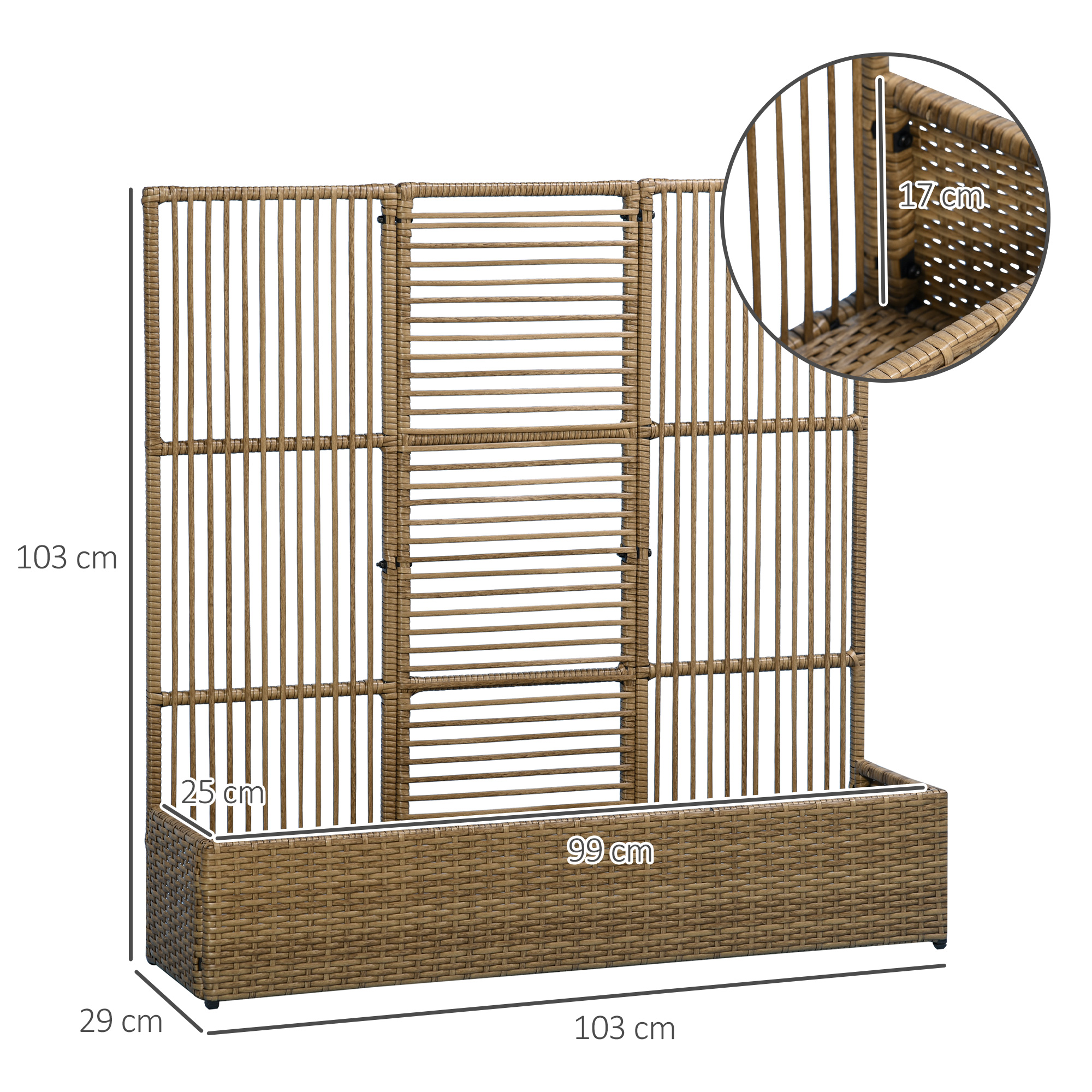 Blumenkasten mit Spalier, wetterfest, Polyrattan, 103 x 103 x 29 cm, Sandfarbe