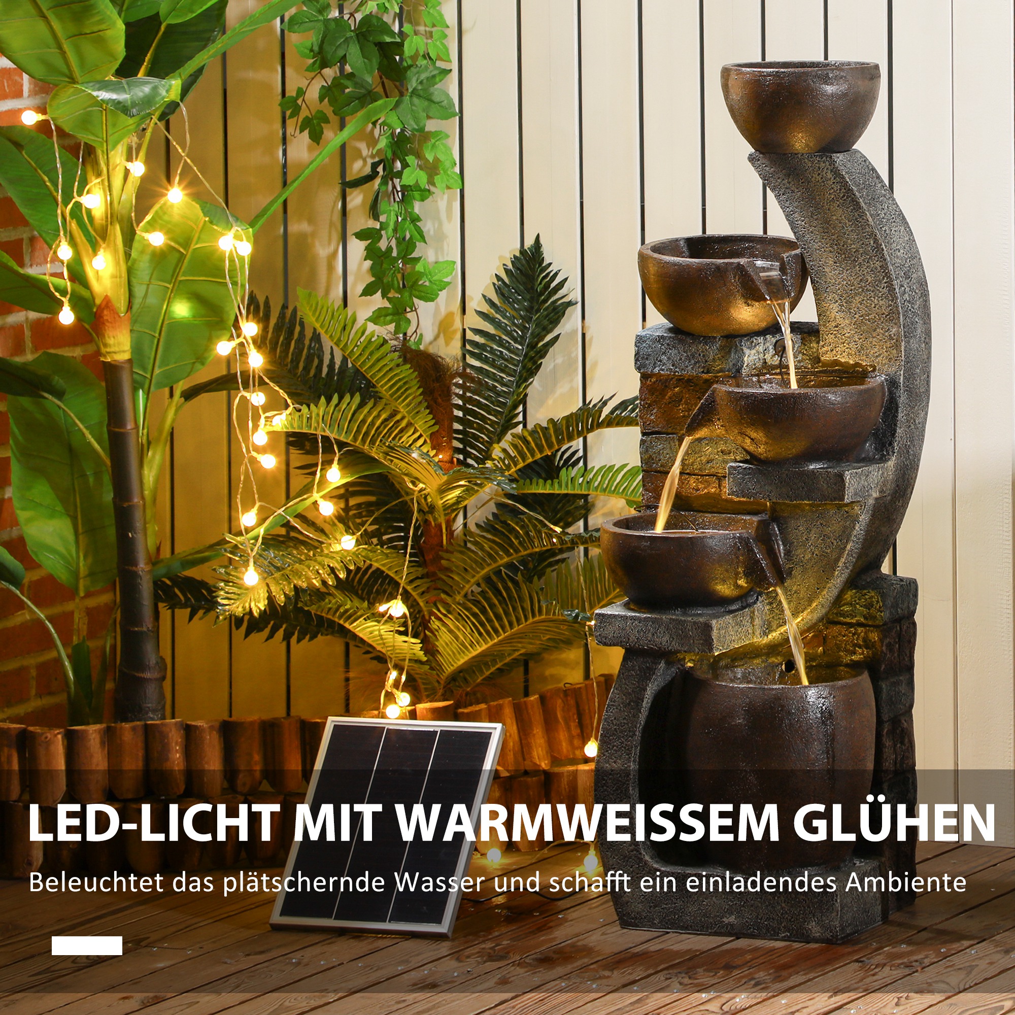 Gartenbrunnen, Backsteinoptik, 5-stufig, Solarbetrieb, LEDs, 107cm, Kunstharz, Grau/Braun