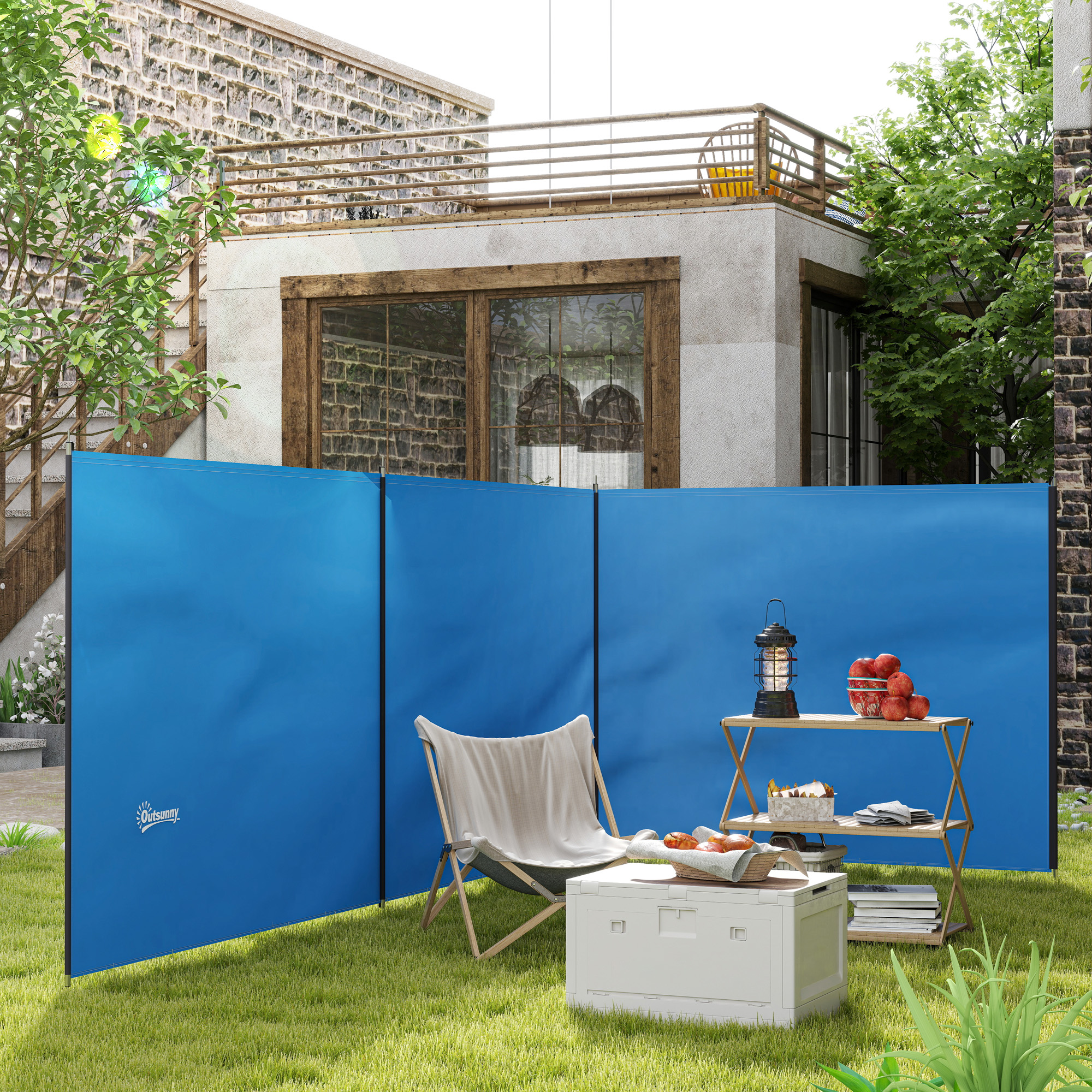 Windschutz Camping Sichtschutz mit 4 Stahlstangen Tragetasche Strandschutz für Camping Garten Strand 540 x 150 cm Blau