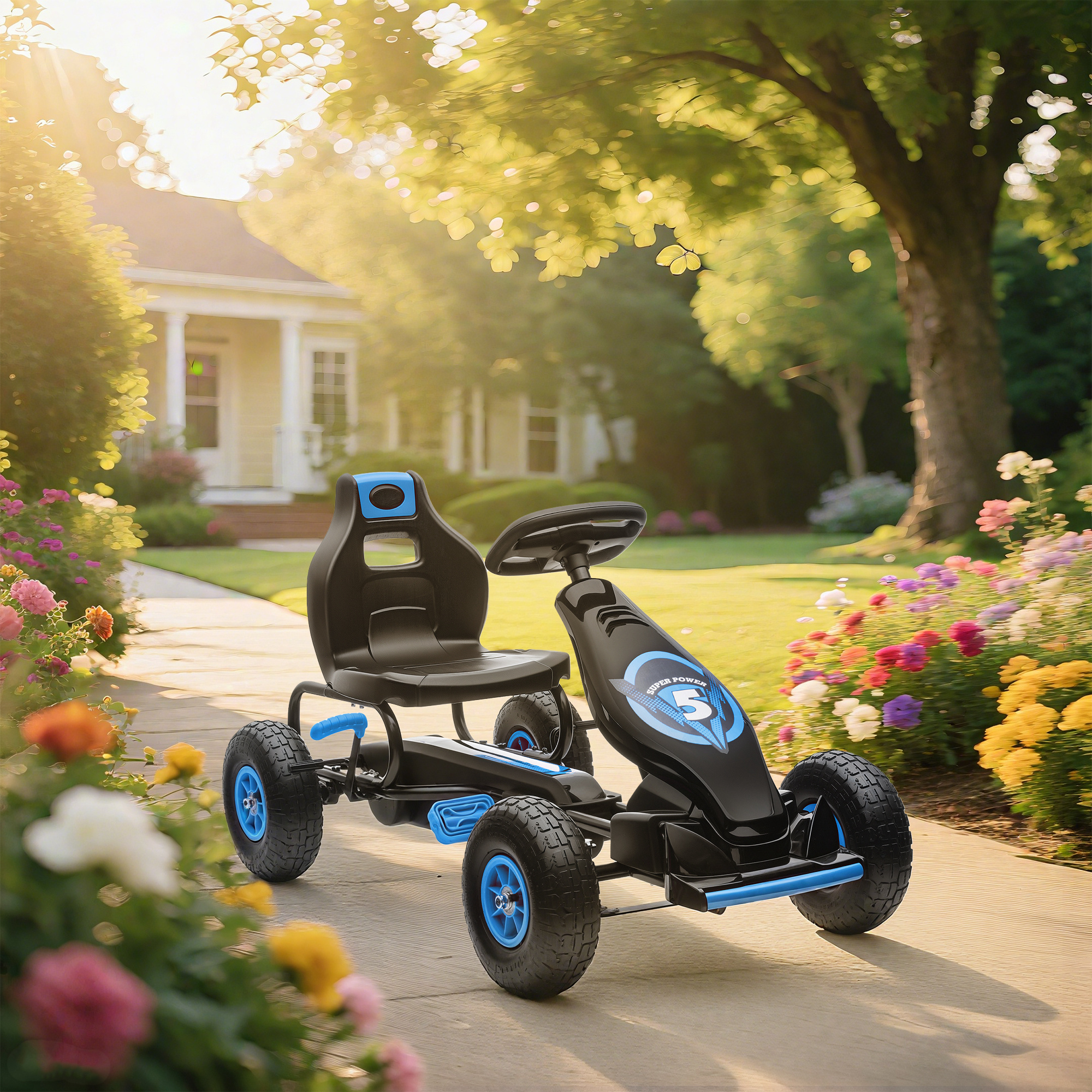 Kinder-Gokart, mit Pedalen, verstellbarem Sitz, In- und Outdoor, ab 5 Jahren, blau+schwarz, 121 x 58 x 61 cm