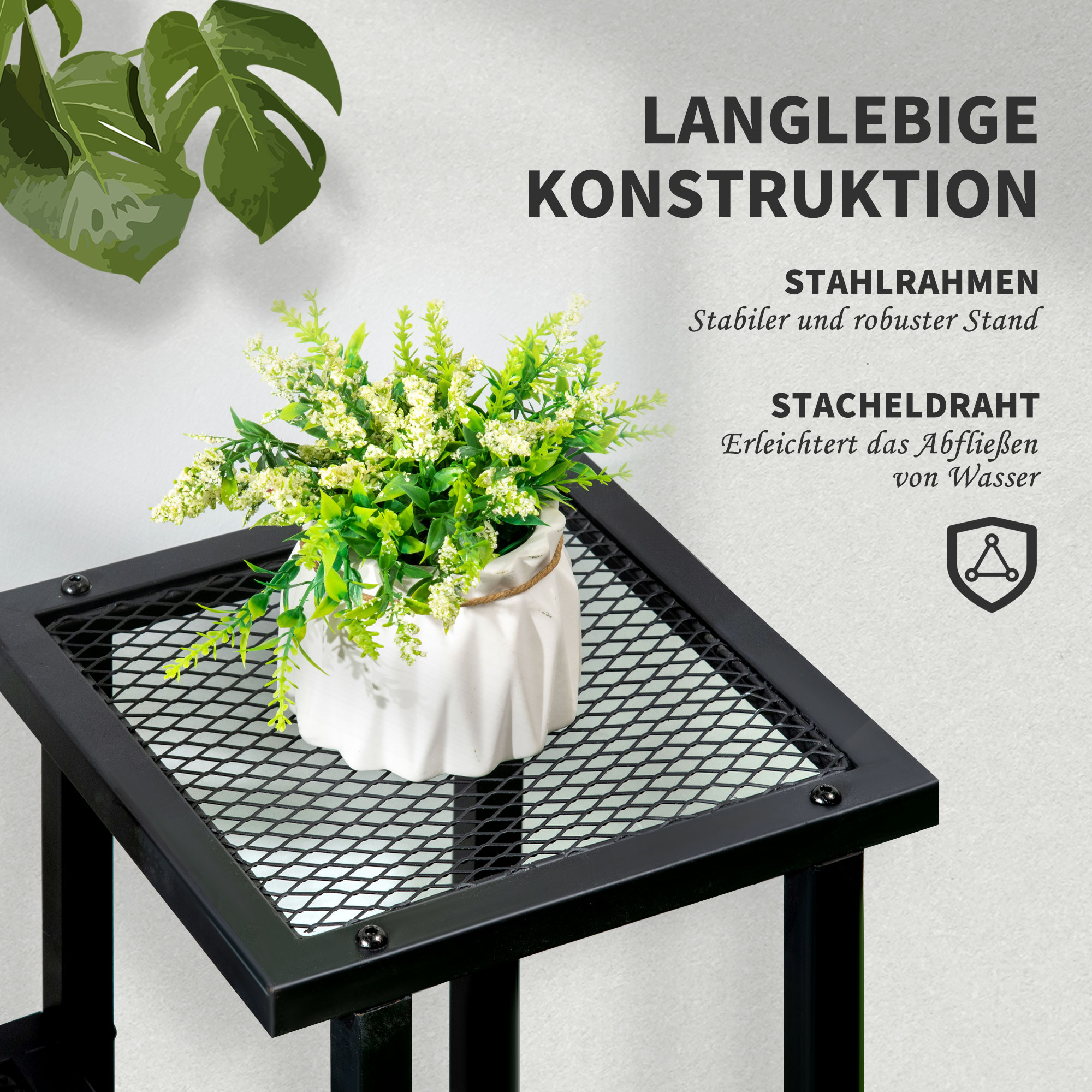Pflanzenregal mit 4 Regalen, wetterbeständig, Blumentreppe, 91 cm x 25 cm x 83 cm, Schwarz