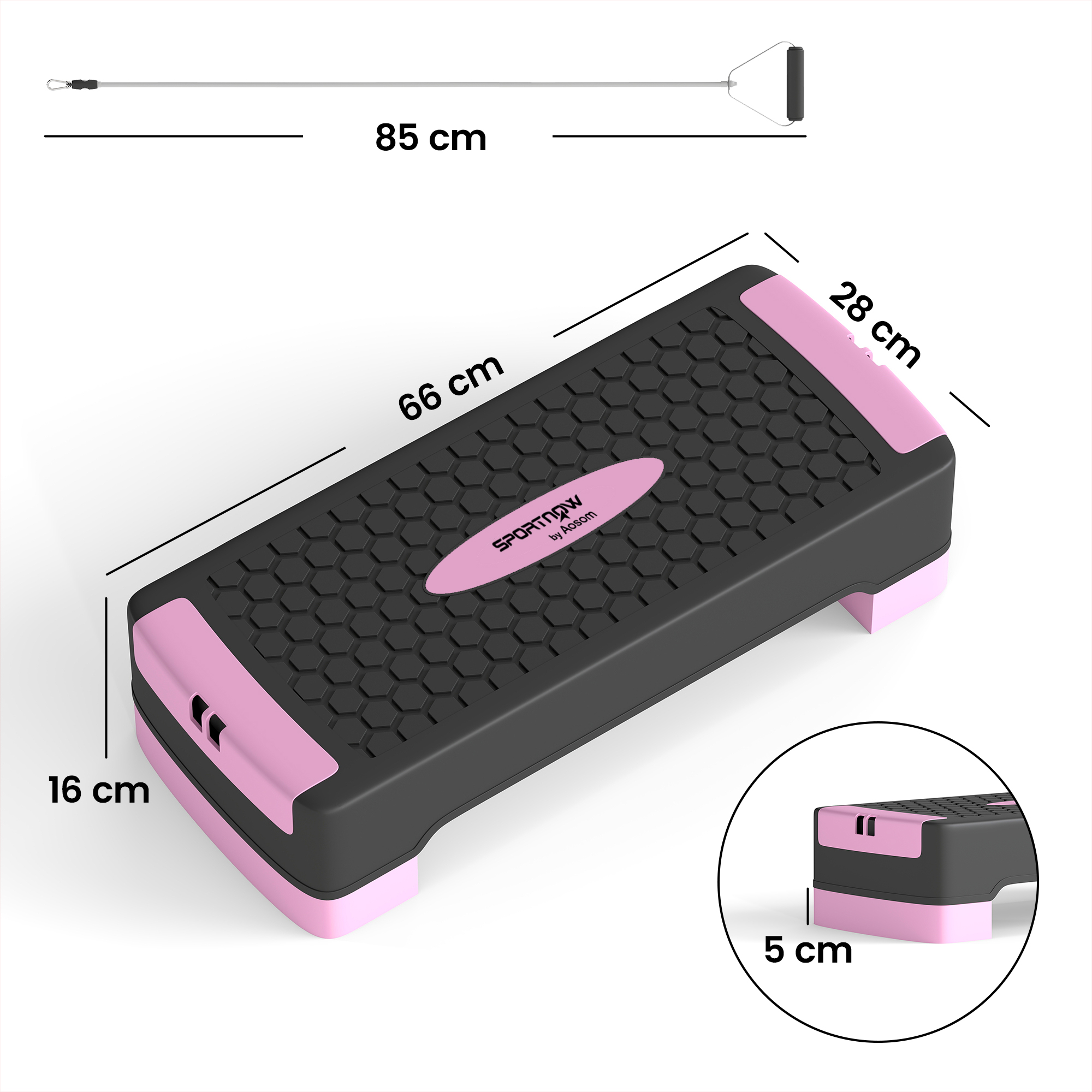 Steppbrett höhenverstellbar Fitness Aerobic Stepper mit 2 Stufen (11/16 cm) 2 Widerstandsbändern, Anti-Rutsch-Matte Rosa