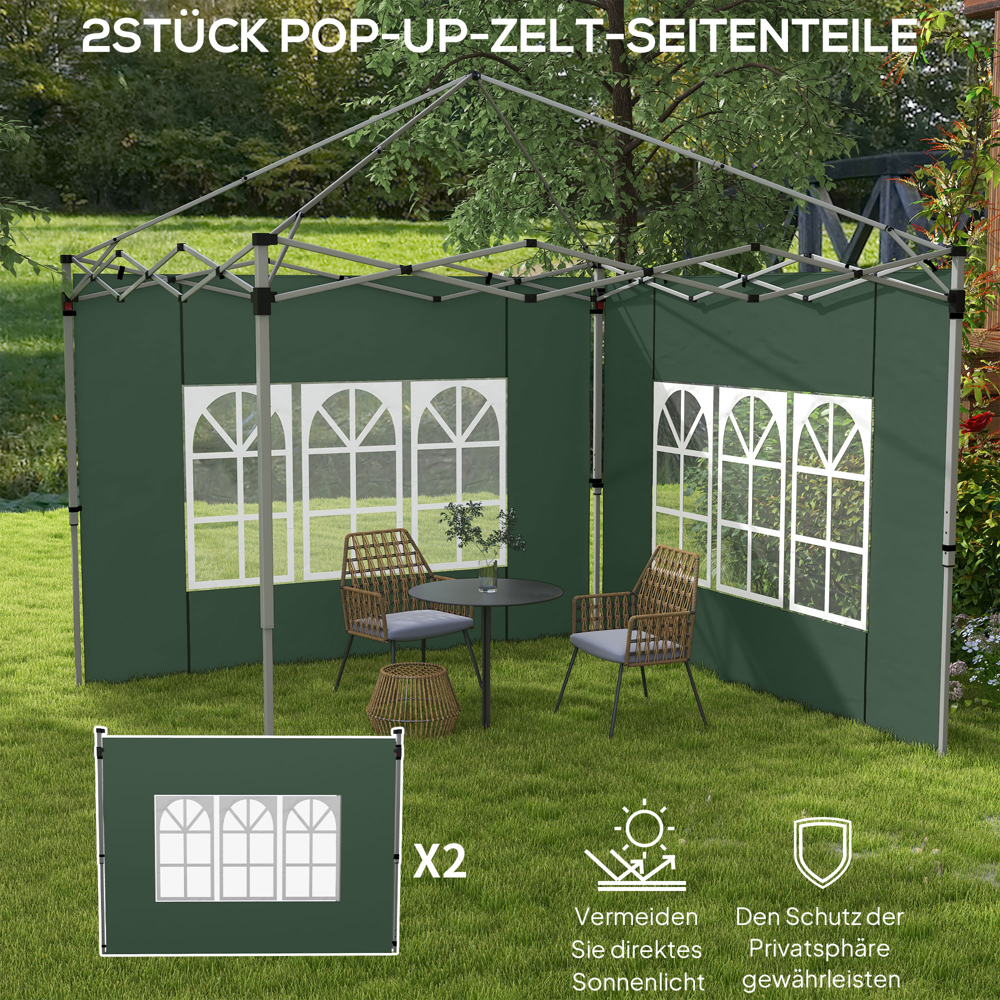 2er-Set Seitenteile für Pavillon 3x3/3x4 m, Seitenwand mit Fenster, wasserdicht Grün