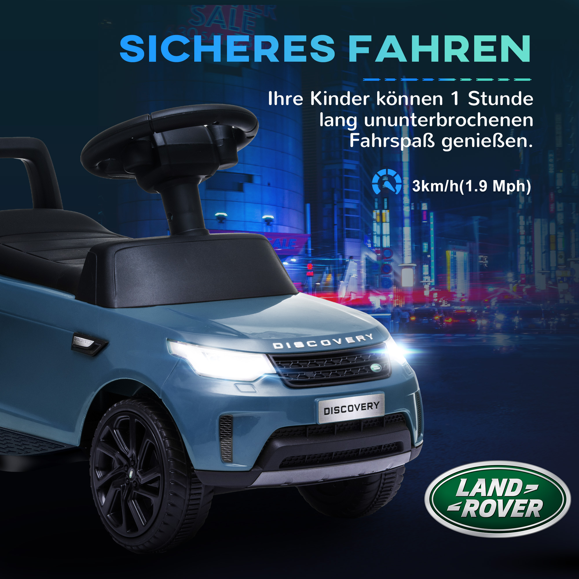 Elektro-Kinderauto 6V, Land Rover, Fahr-/Schiebemodus, Scheinwerfer, Musik, Hellblau