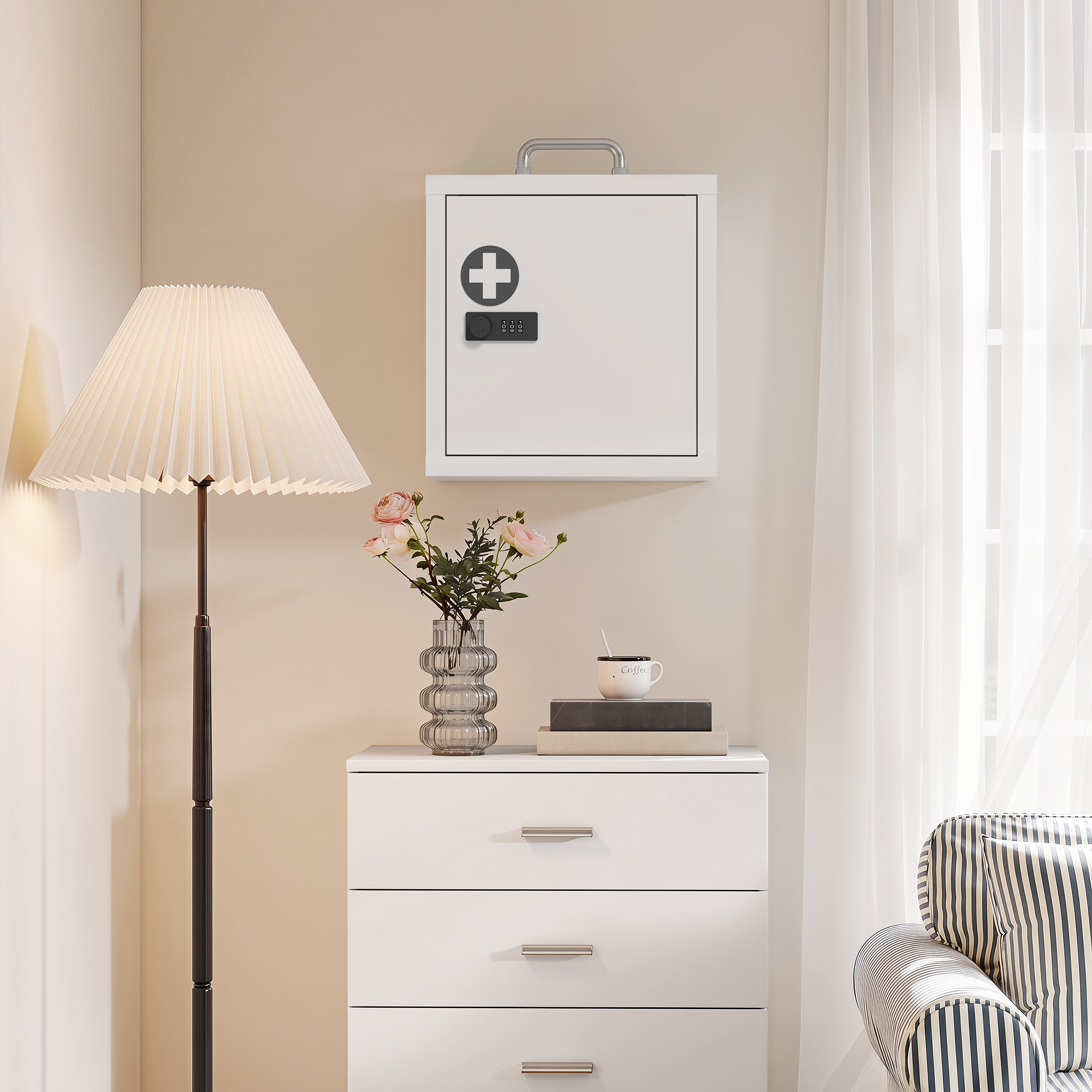 Medizinschrank zur Wandmontage mit Zahlenschloss, 2-stufiger Erste-Hilfe-Schrank aus Edelstahl, Weiß