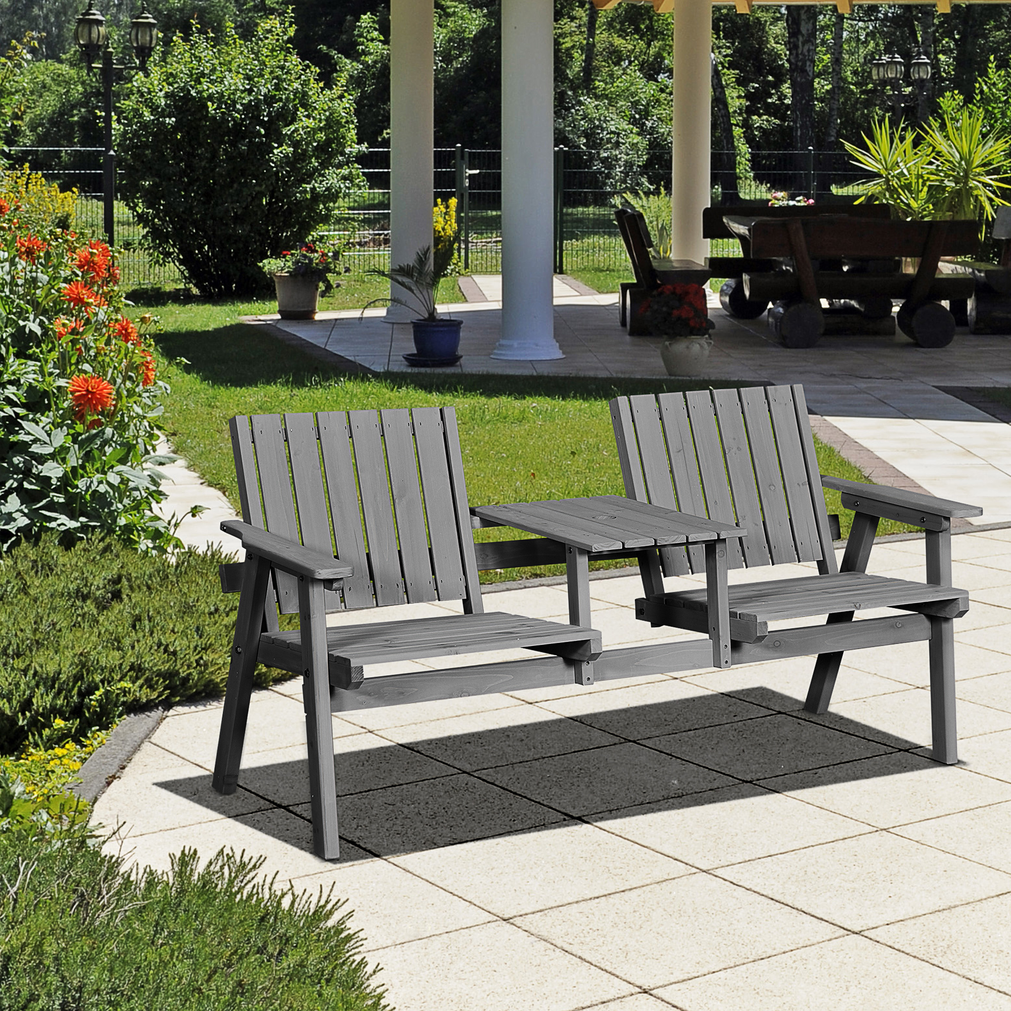 Gartenbank mit Tisch, Sitzgruppe, Gartenmöbel, mit Regenschirmloch, Sitzbank, 2 Stühle, Massivholz, Grau, 152 x 70 x 83 cm