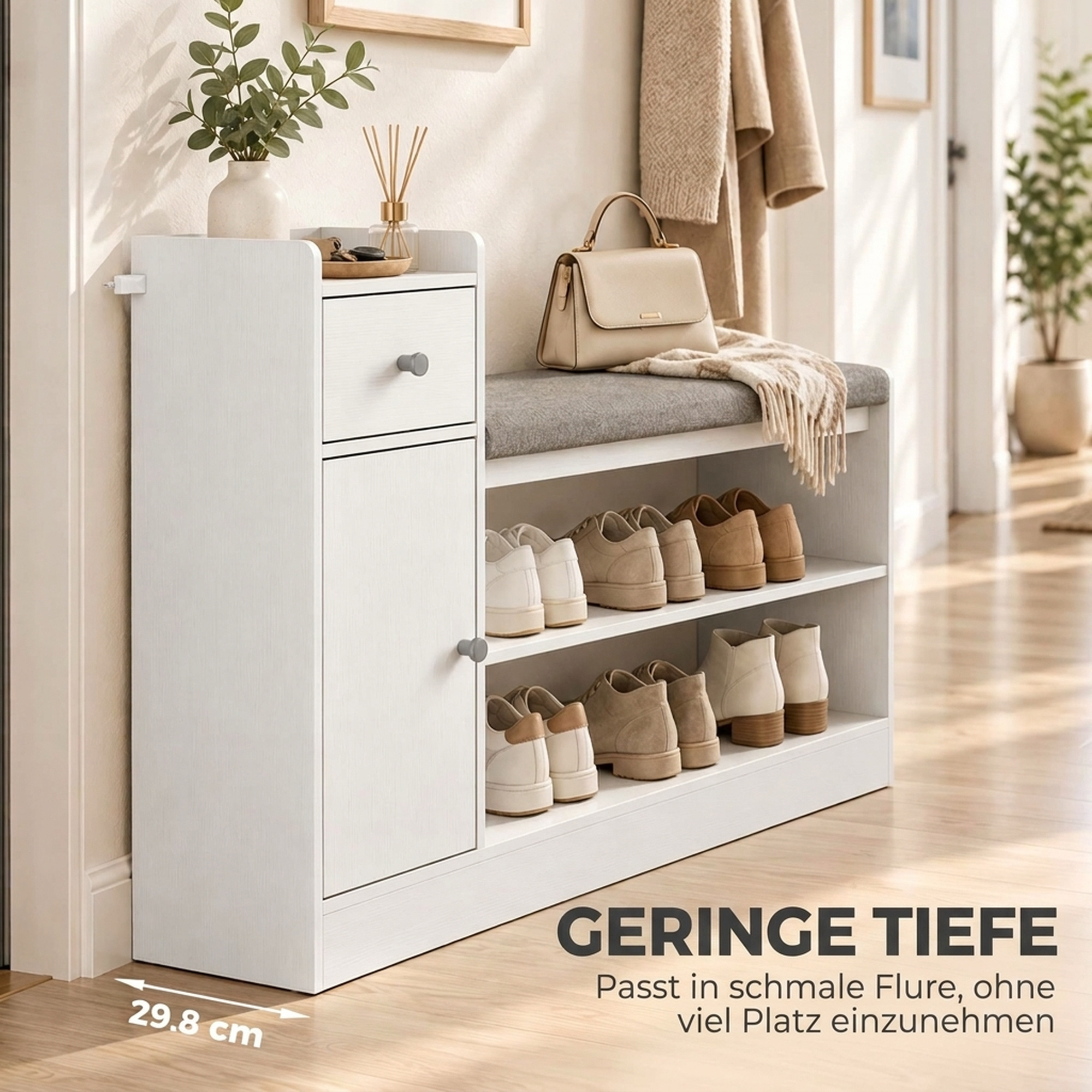 Schuhbank mit Sitzkissen Schublade und offenen Ablagen Flurbank 90x29,8x67,8cm Weiß