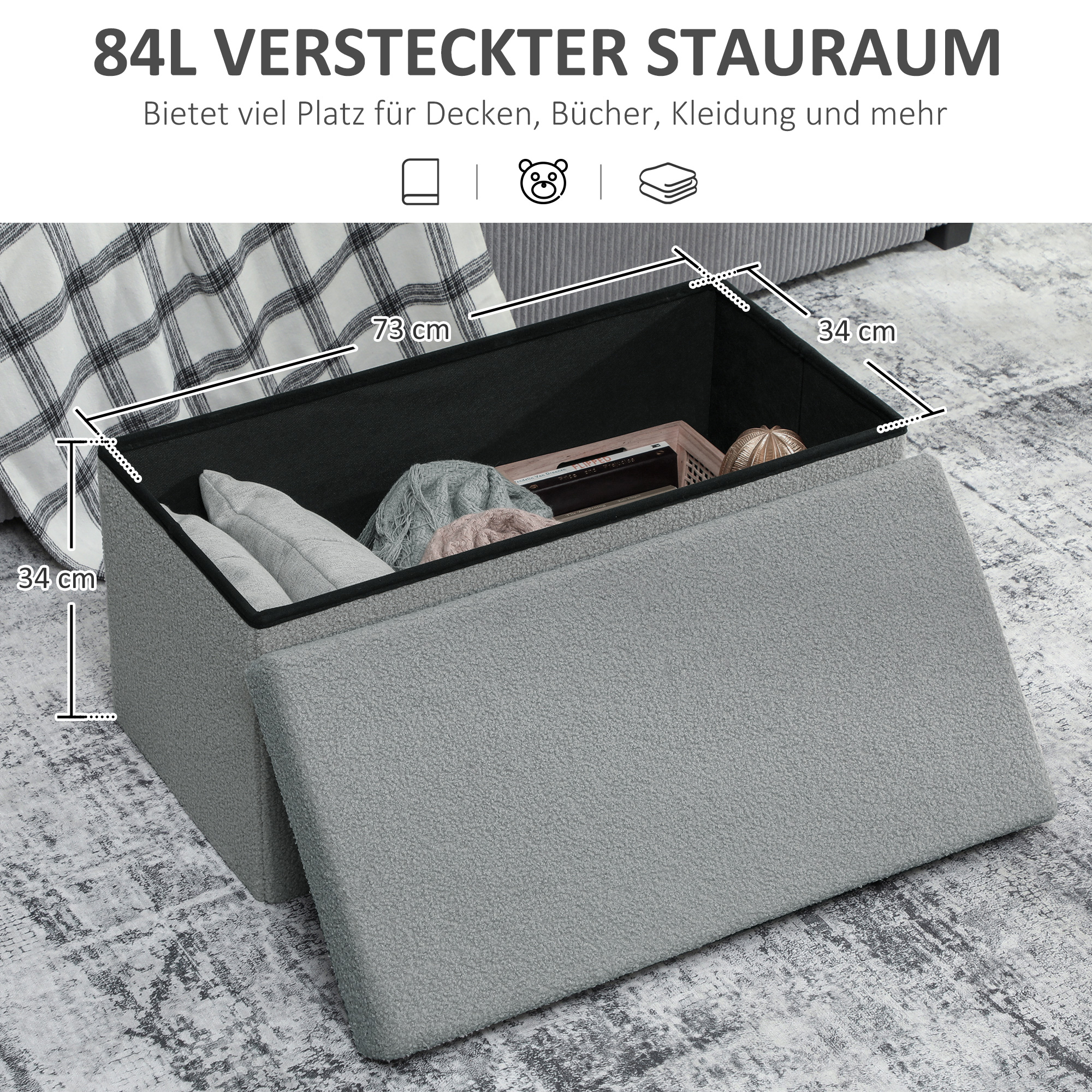 Aufbewahrungshocker, Polsterbank mit Stauraum und Deckel für Wohnzimmer, Schlafzimmer, Flur, Dunkelgrau