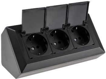 3-fach Steckdosenblock, schwarz, 250V~/ 16A, Aufbaumontage mit Klappen 3-fach Steckdosenblock, schwarz, 250V~/ 16A, Aufbaumontage mit Klappen