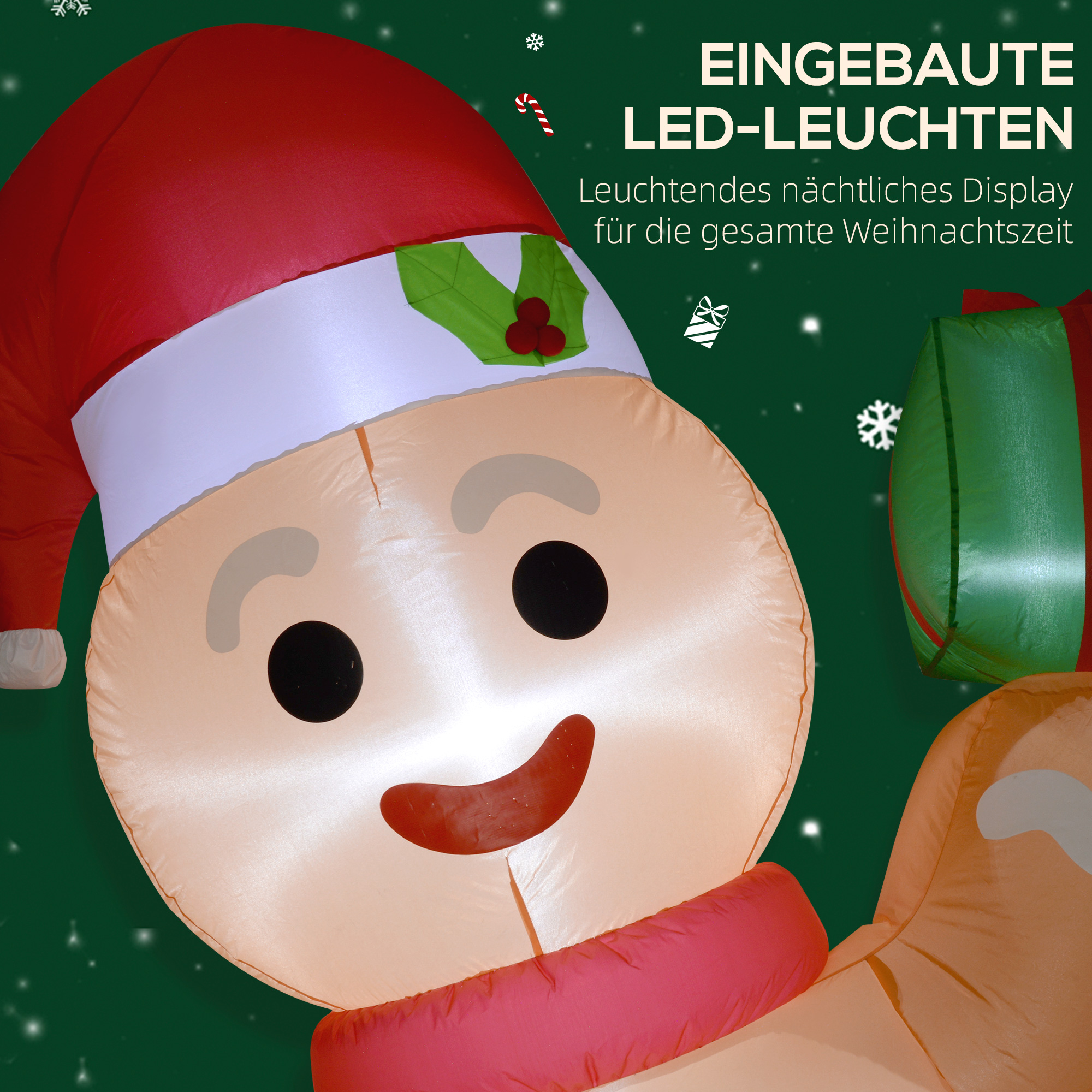 Lebkuchenmann mit Zuckerstange, 2,45 m groß, aufblasbar, weiße LED-Beleuchtung, 170 x 100 x 245 cm