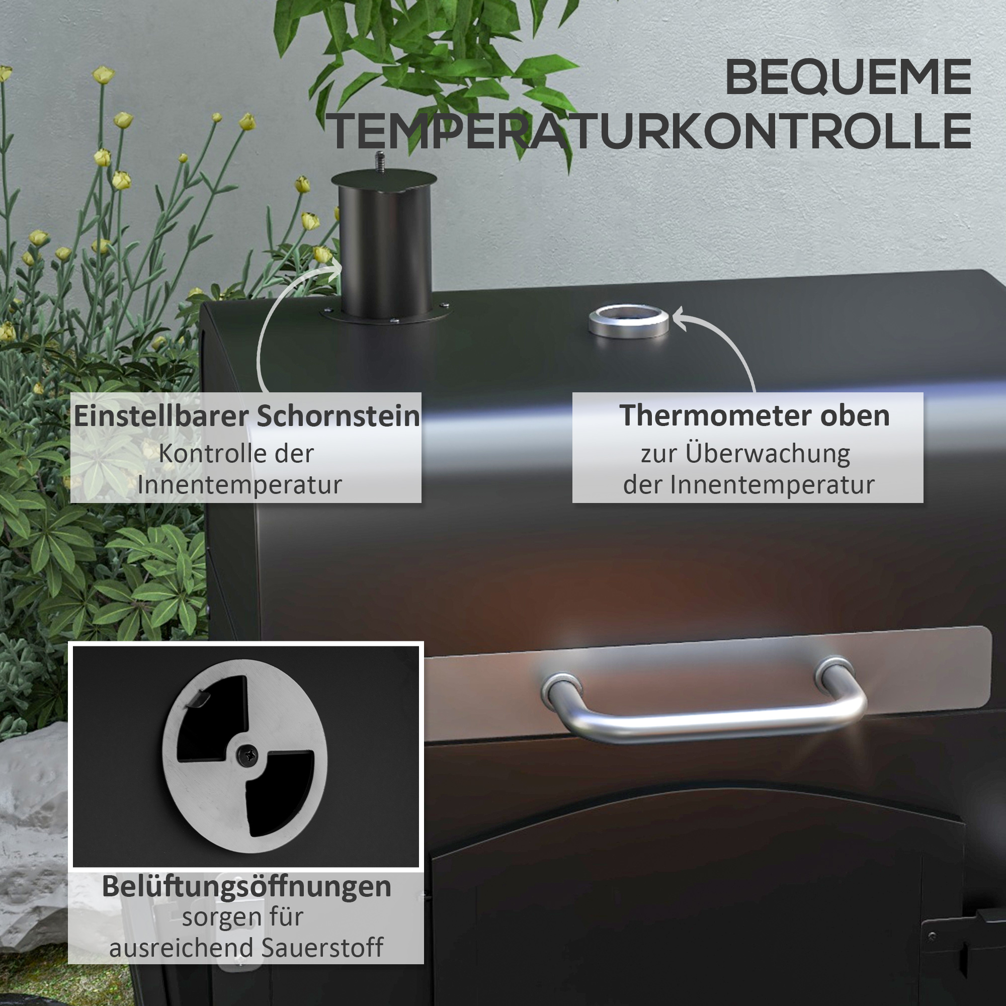Holzkohlegrill BBQ-Grill Smoker, verstellbares Kohlefach, Seitenablagen, 124 x 66 x 112 cm, Schwarz