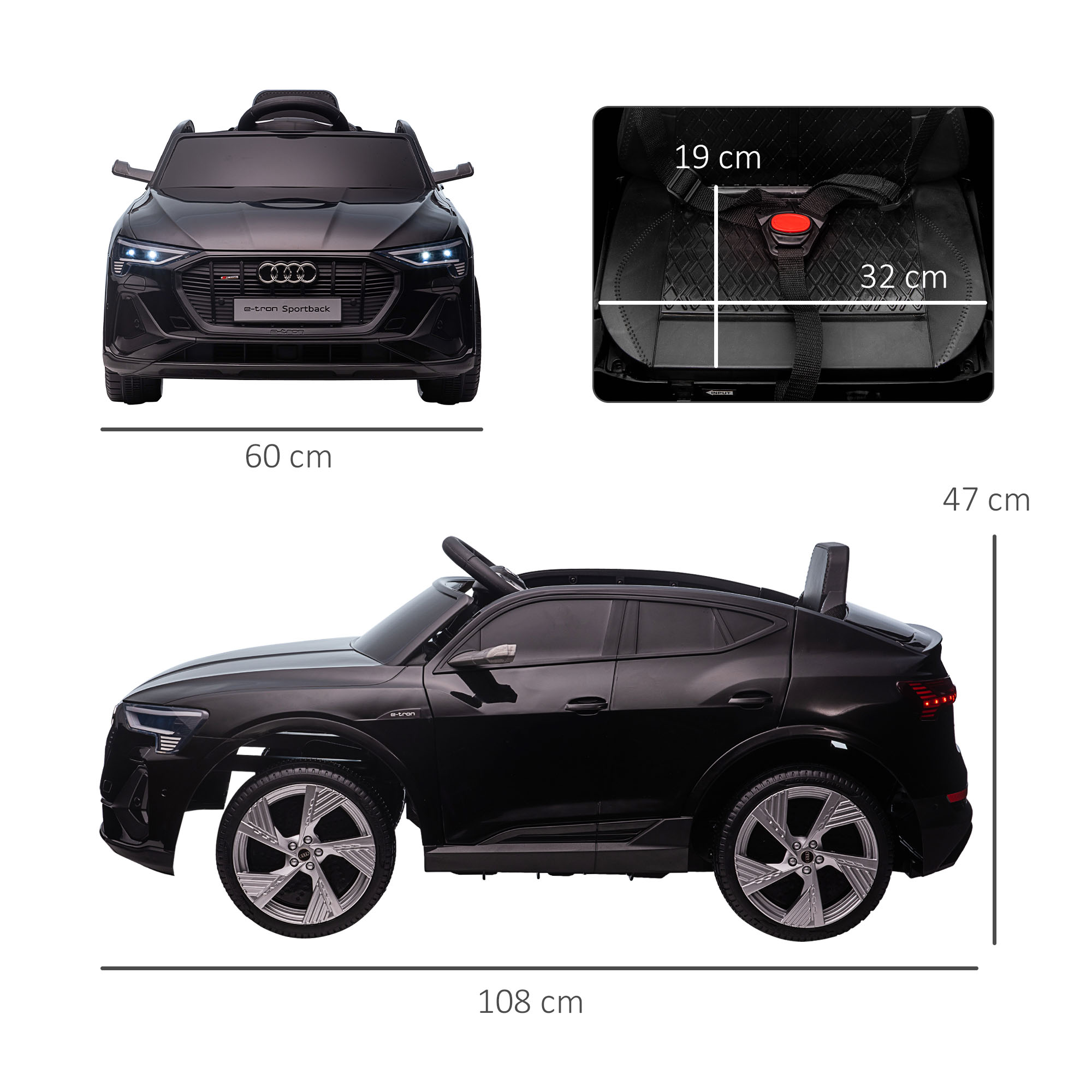 Elektro Kinderauto 12V Elektrofahrzeug Audi E-tron Elektroauto mit Fernbedienung, Sicherheitsgurt, Musik (MP3/USB/TF), Kinderfahrzeug für Kinder 3-5 Jahre, 3-5 km/h, Schwarz