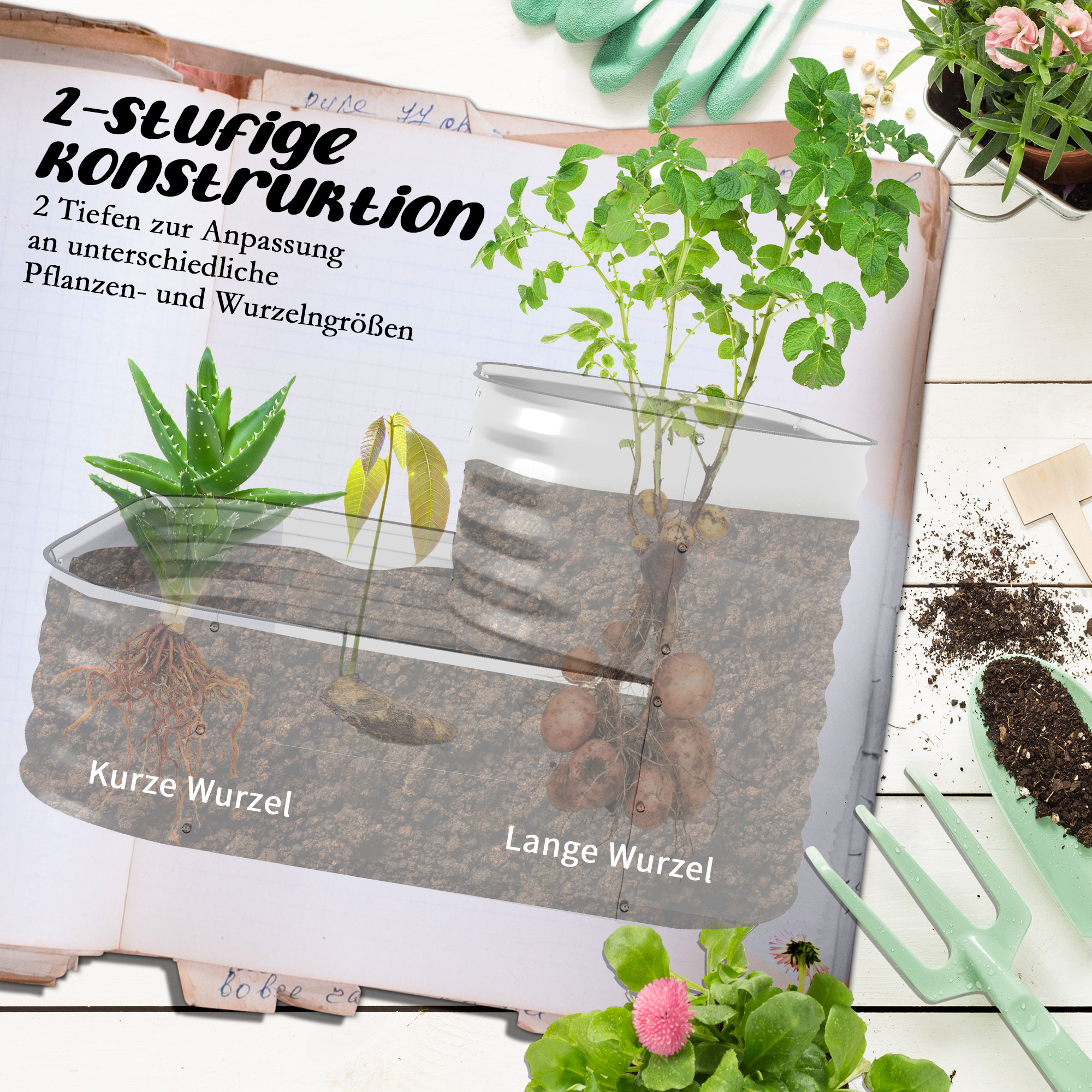 Hochbeet aus Metall, 2 Etagen, witterungsfest, offener Boden, 120 x 90 x 30cm, Farbe: Silber