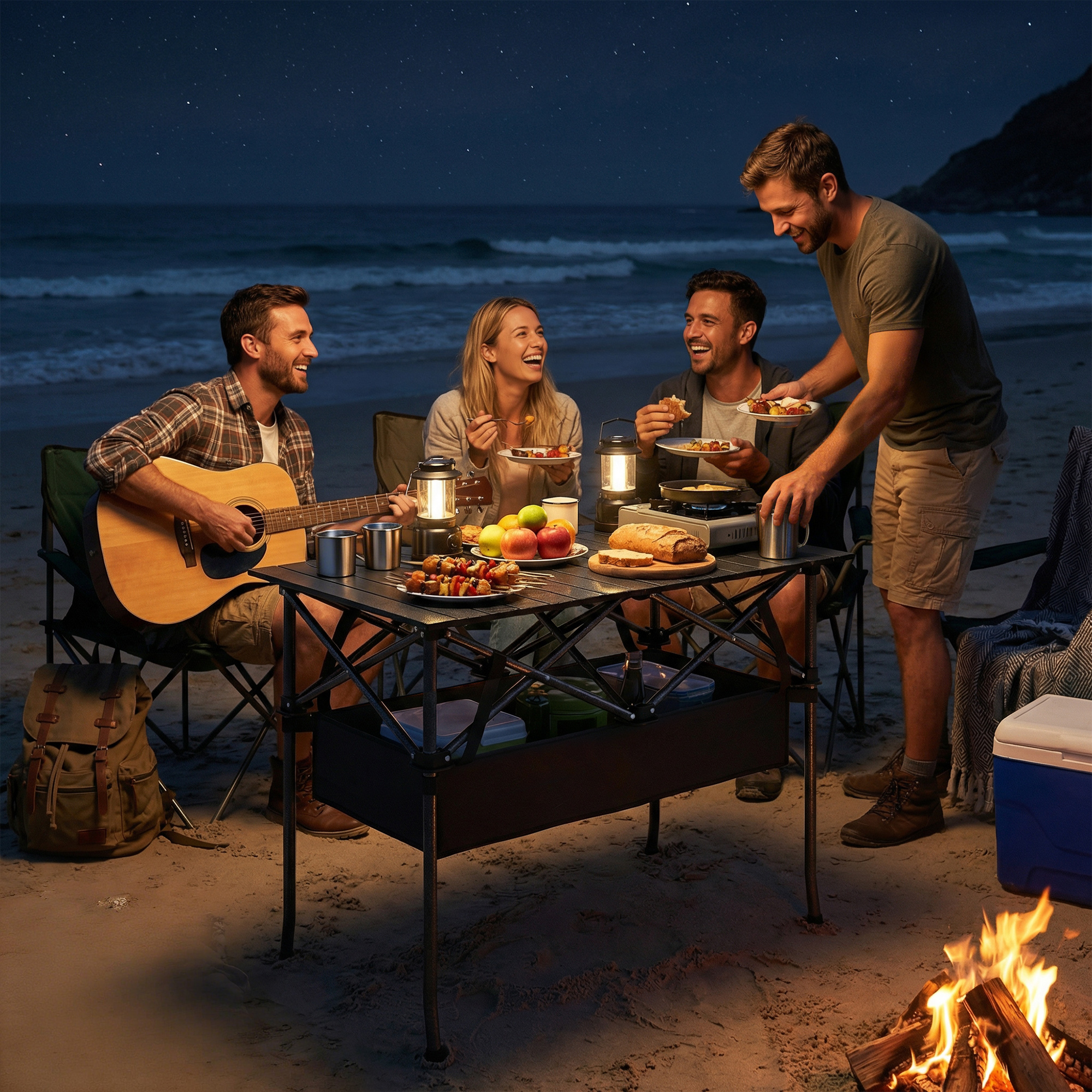 klappbarer rollbarer Picknicktisch Tragbarer Campingtisch mit Netzablage und Tragetasche für den Außenbereich, Schwarz