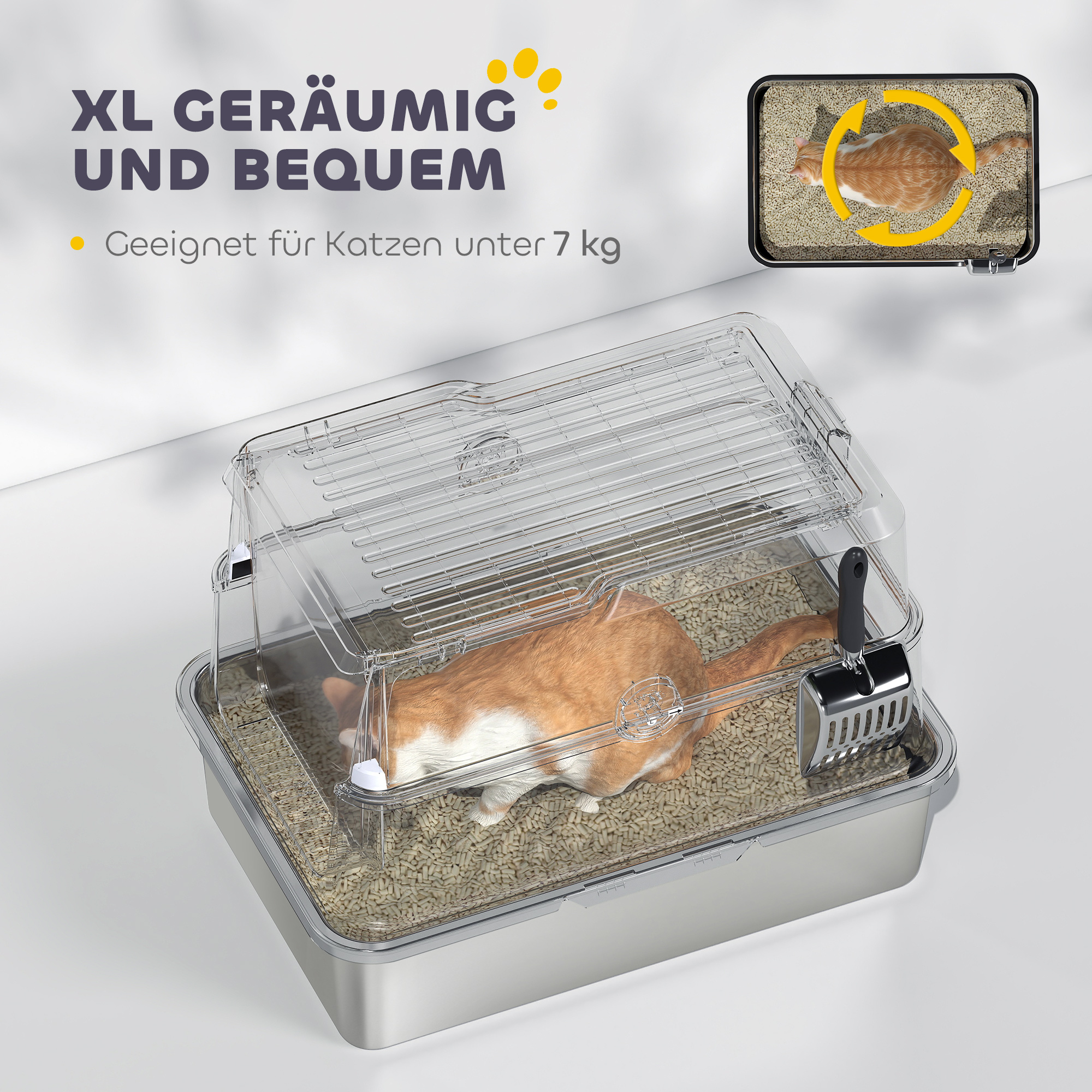 Katzentoilette, Edelstahl, XL-Innenraum, mit Schaufel, Hellgrau